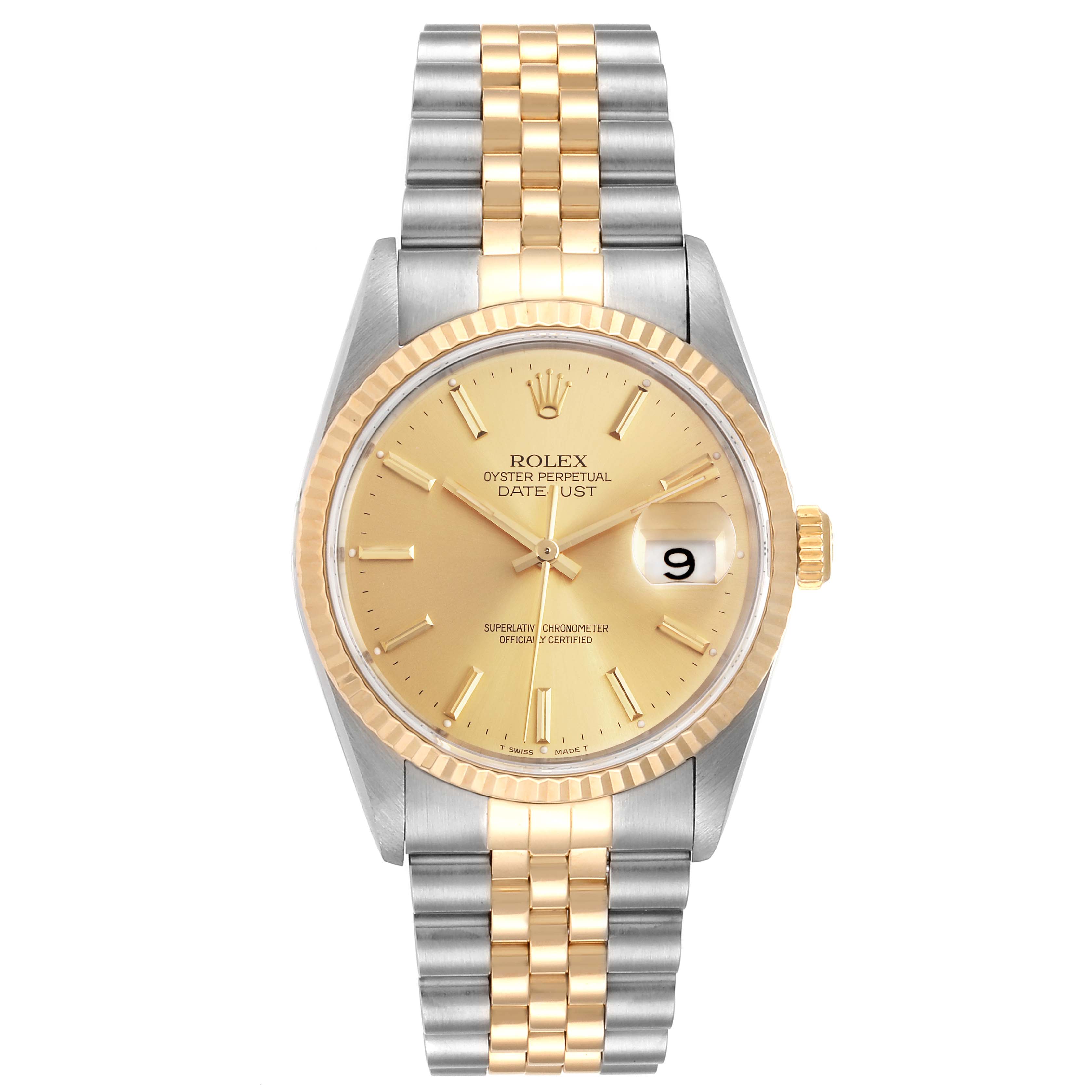 This Rolex Datejust 16233 Men's Steel and Gold (two tone) Champagne Dial 16233 Men's Steel and Gold (two tone) Champagne Dial watch is shown from a front angle, displaying its face, bezel, crown, and bracelet.