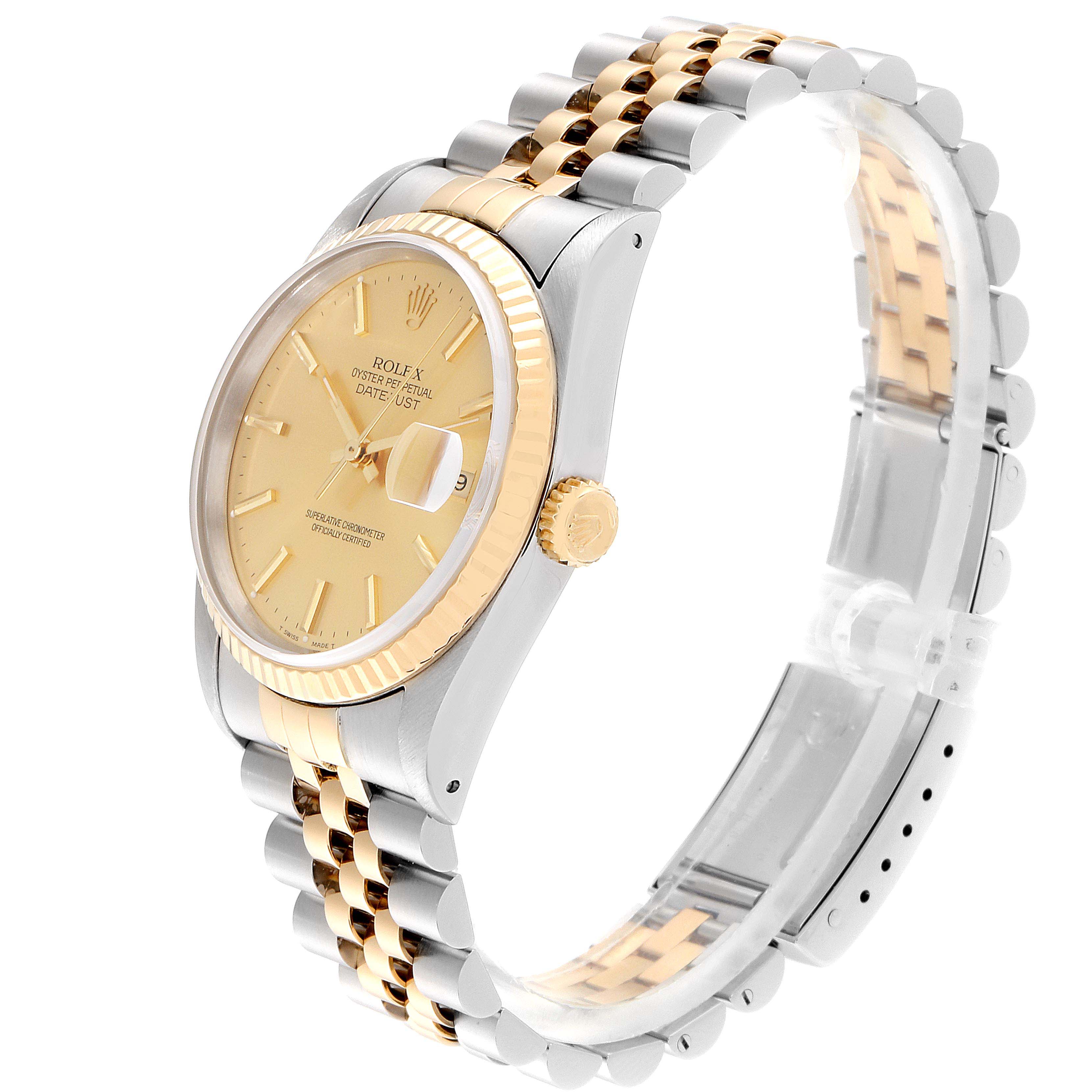 The Rolex Datejust 16233 Men's Steel and Gold (two tone) Champagne Dial 16233 Men's Steel and Gold (two tone) Champagne Dial watch is shown at a three-quarter angle, highlighting its dial, bezel, crown, and two-tone bracelet.