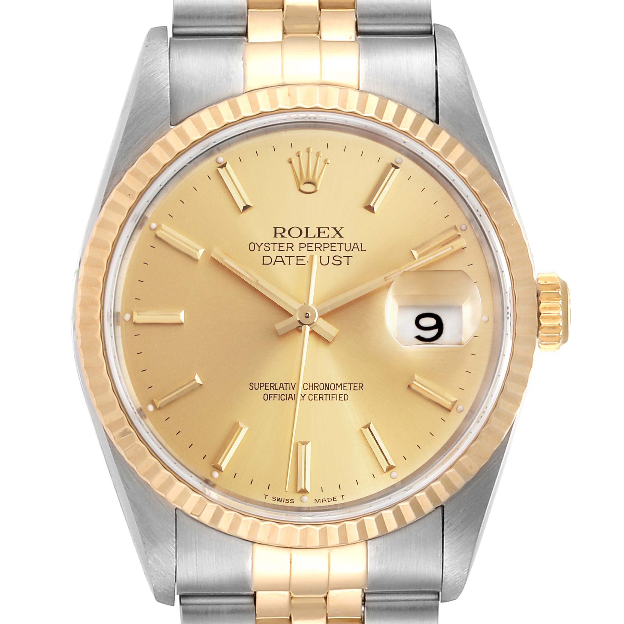 Front view of the Rolex Datejust 16233 Men's Steel and Gold (two tone) Champagne Dial 16233 Men's Steel and Gold (two tone) Champagne Dial watch, showing the dial, bezel, hands, date window, and part of the bracelet.