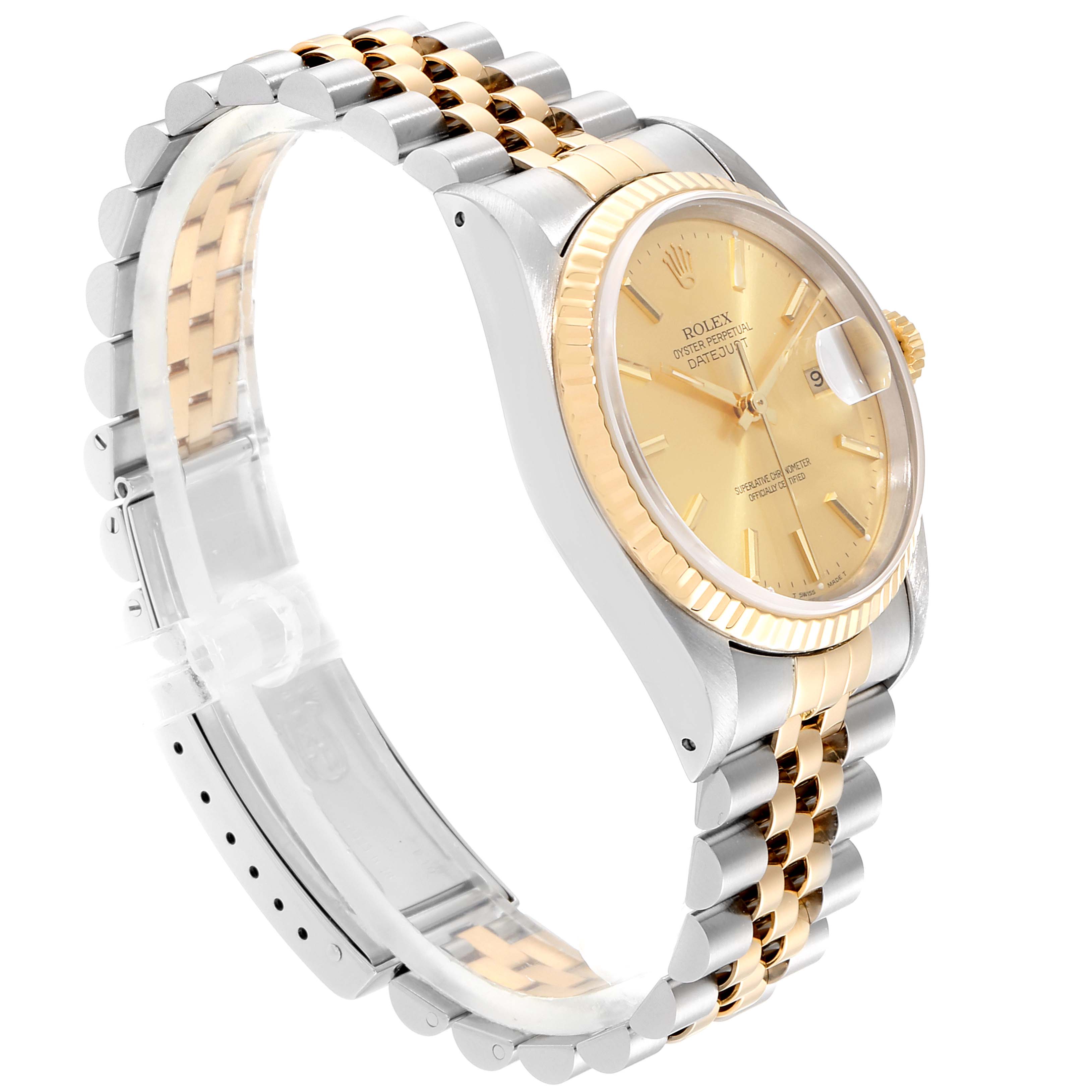 The image shows a side and partial front angle of a Rolex Datejust 16233 Men's Steel and Gold (two tone) Champagne Dial 16233 Men's Steel and Gold (two tone) Champagne Dial watch, featuring its bracelet and face with gold elements.