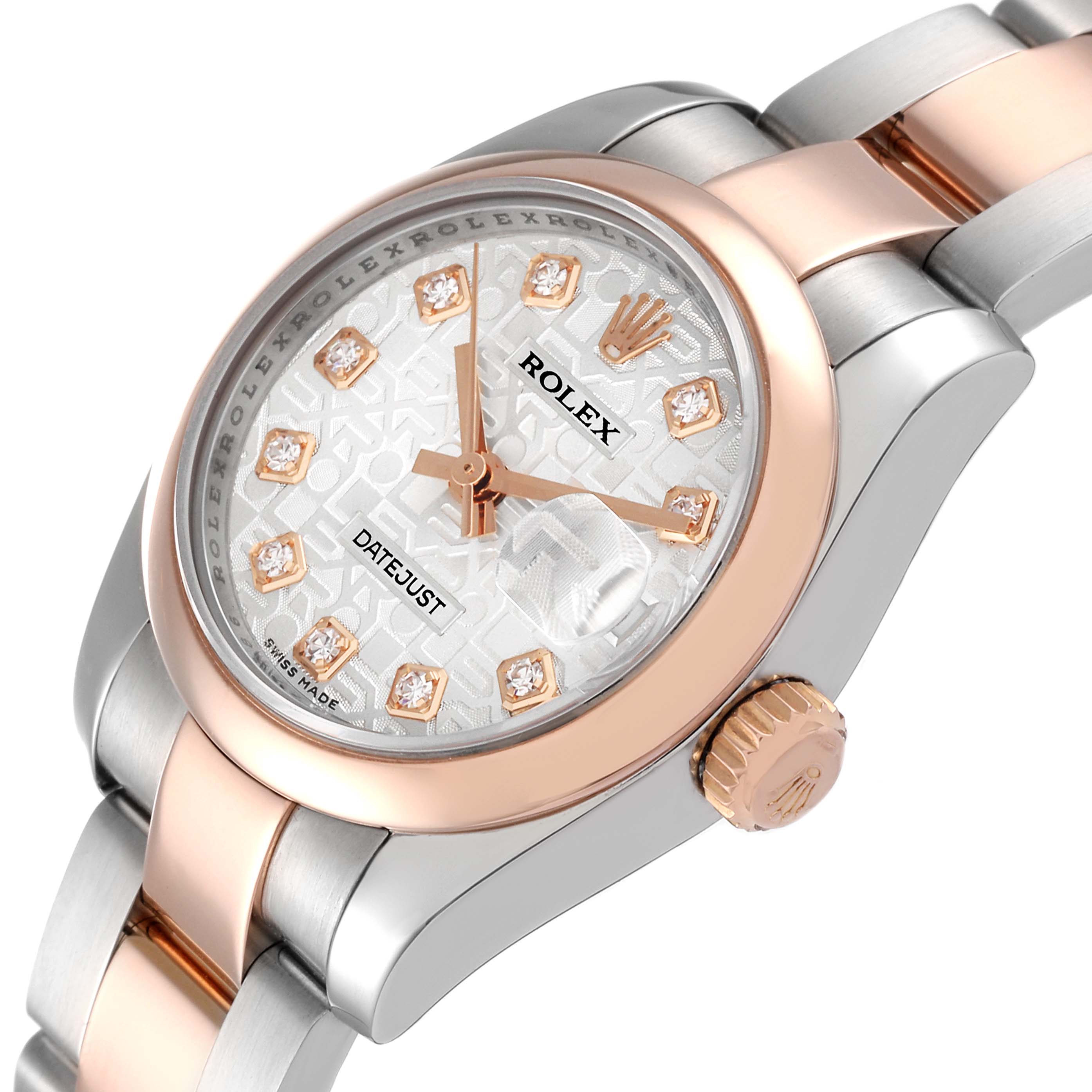 The Rolex Datejust 179161 Women's Steel and Gold (two tone) Silver Dial 179161 Women's Steel and Gold (two tone) Silver Dial watch is shown at an angle highlighting the face, bezel, and part of the bracelet.