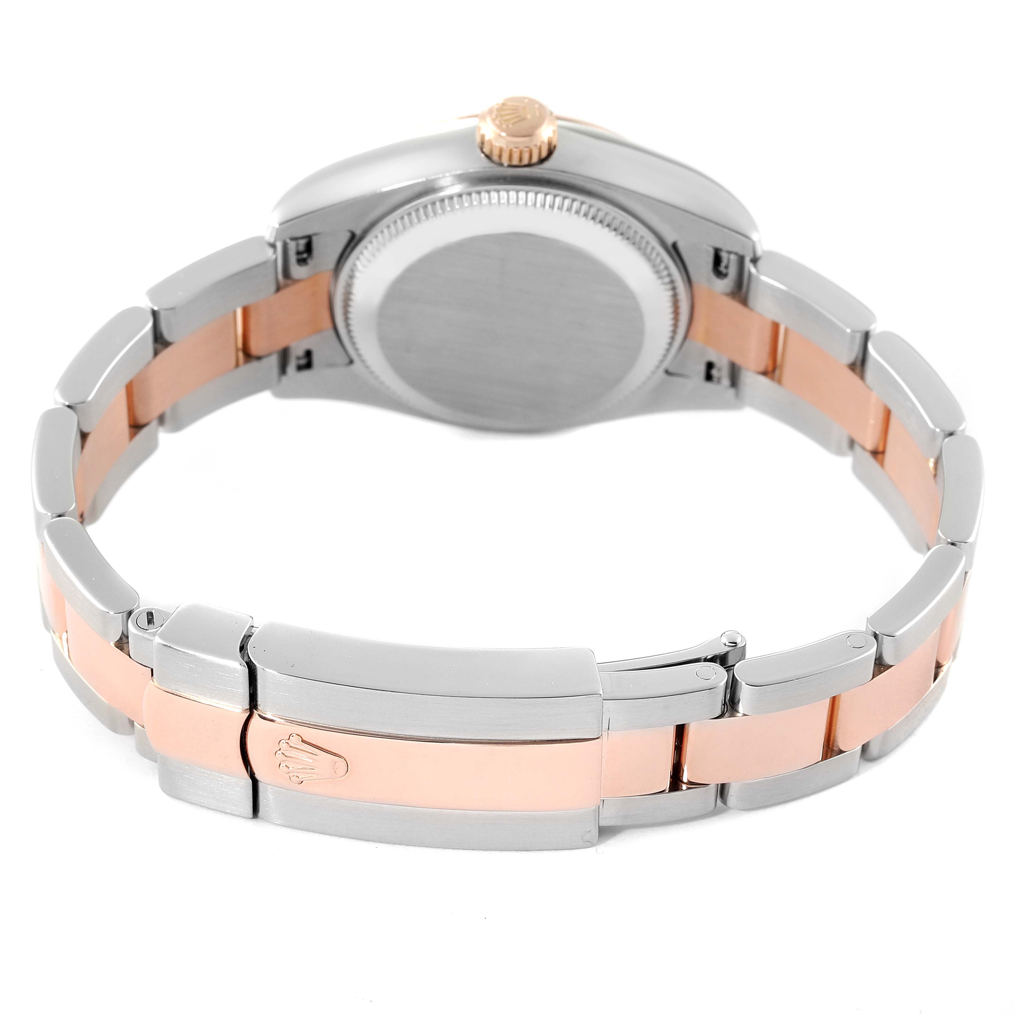 The image shows the back of a Rolex Datejust 179161 Women's Steel and Gold (two tone) Silver Dial 179161 Women's Steel and Gold (two tone) Silver Dial watch, including the case back and two-tone bracelet with deployment clasp.