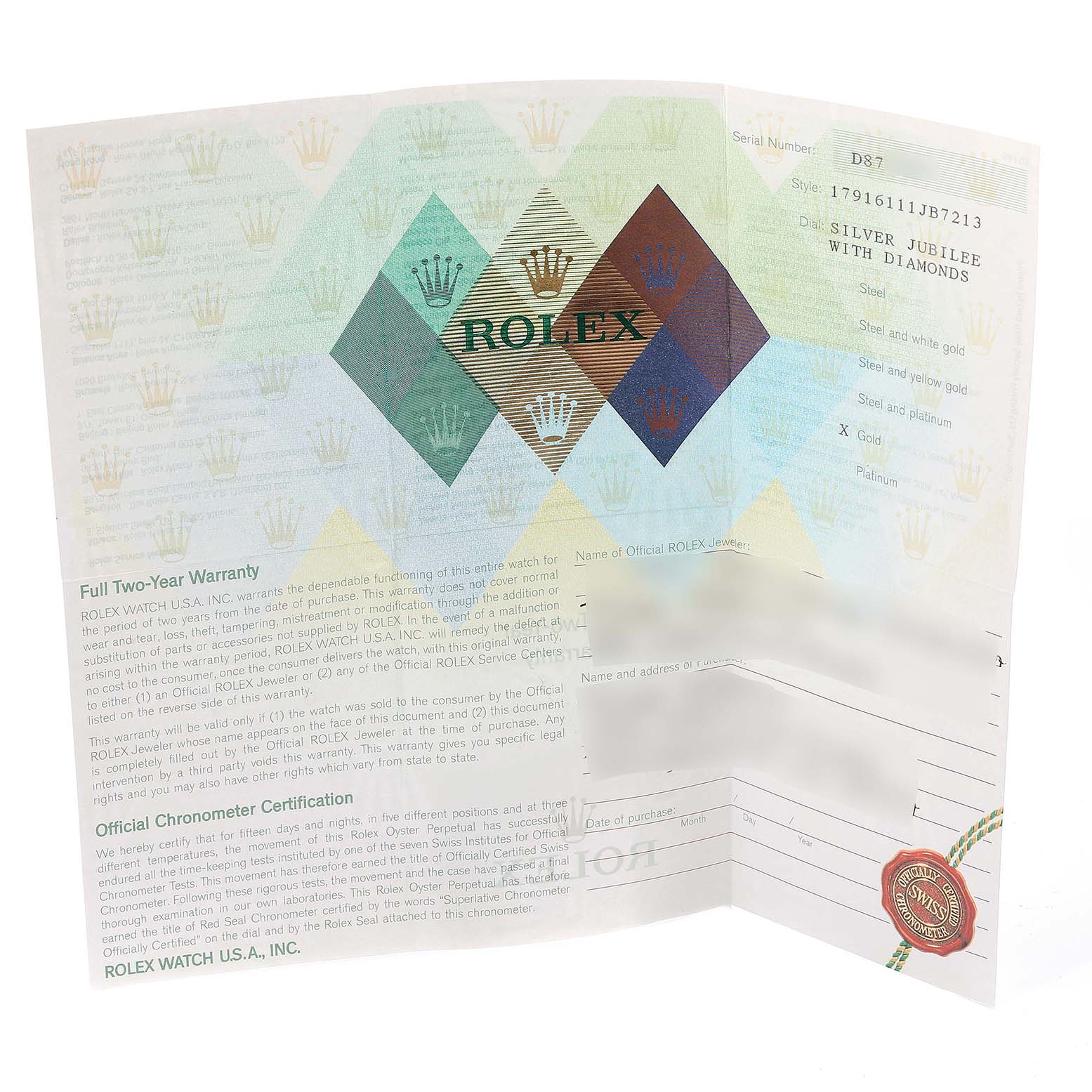 The image shows the warranty certificate and chronometer certification for a Rolex Datejust 179161 Women's Steel and Gold (two tone) Silver Dial 179161 Women's Steel and Gold (two tone) Silver Dial watch.