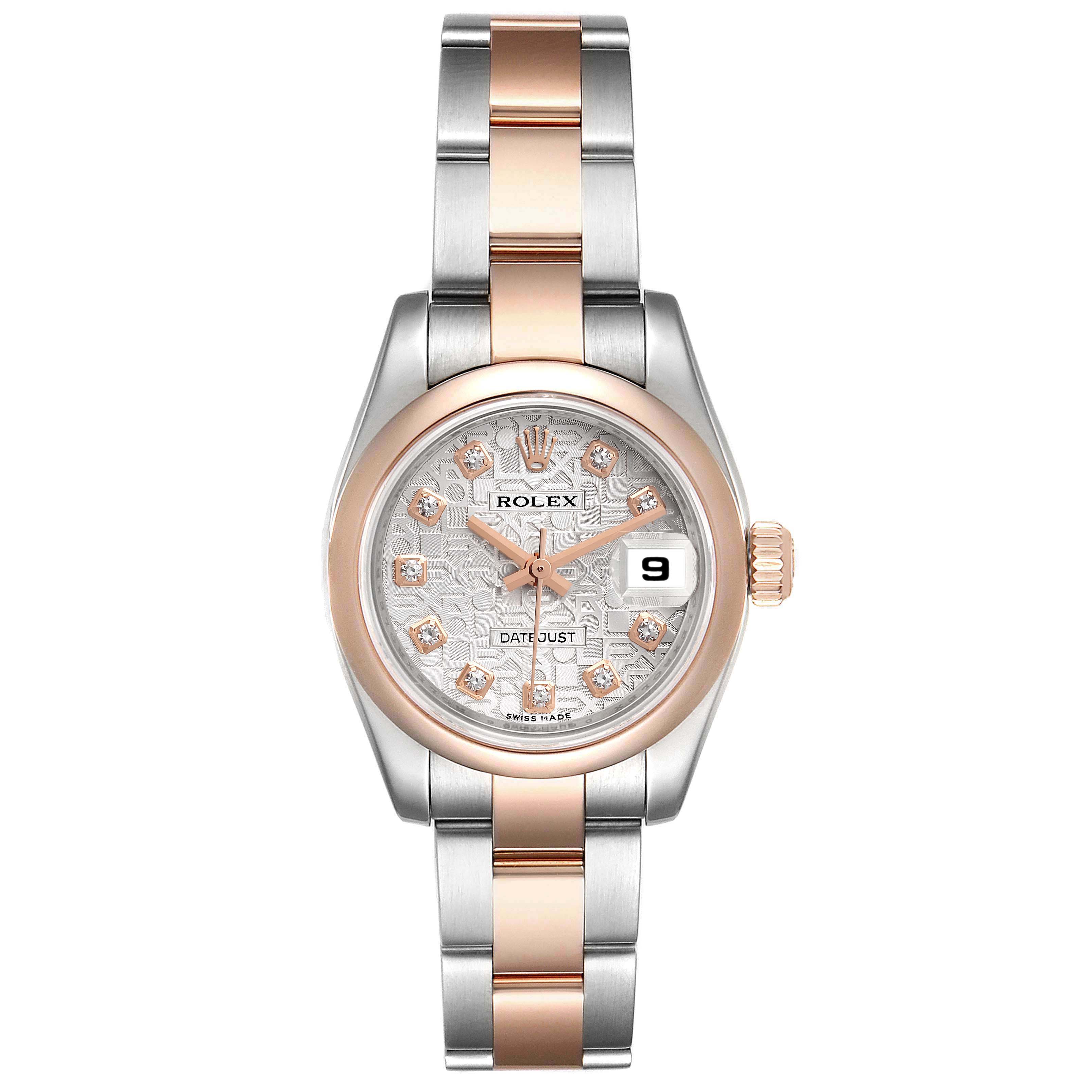 This image shows a Rolex Datejust 179161 Women's Steel and Gold (two tone) Silver Dial 179161 Women's Steel and Gold (two tone) Silver Dial watch from a straight-on angle, highlighting the dial, bezel, crown, and bracelet.