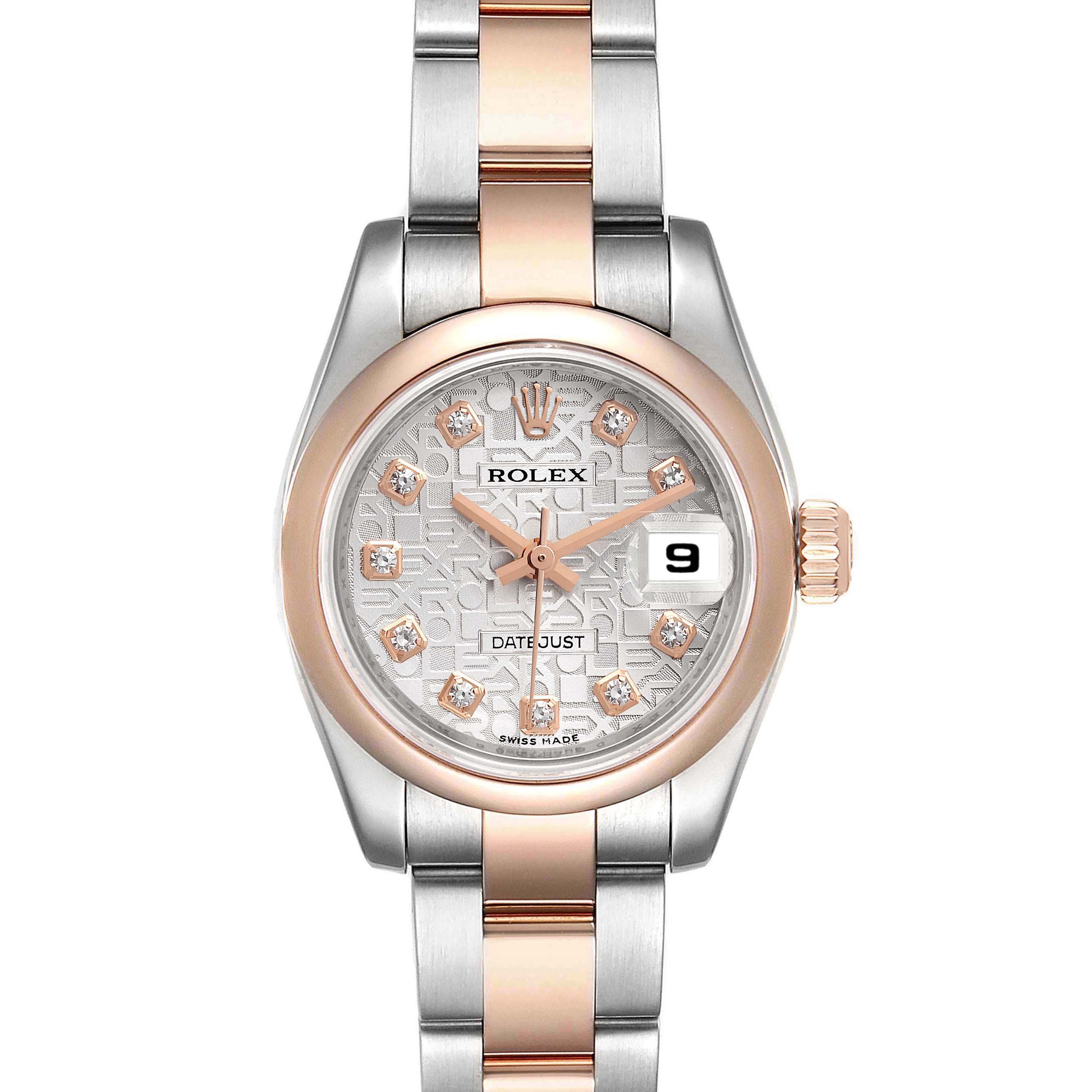 The Rolex Datejust 179161 Women's Steel and Gold (two tone) Silver Dial 179161 Women's Steel and Gold (two tone) Silver Dial watch is shown from a front angle displaying its dial, bezel, crown, and bracelet.