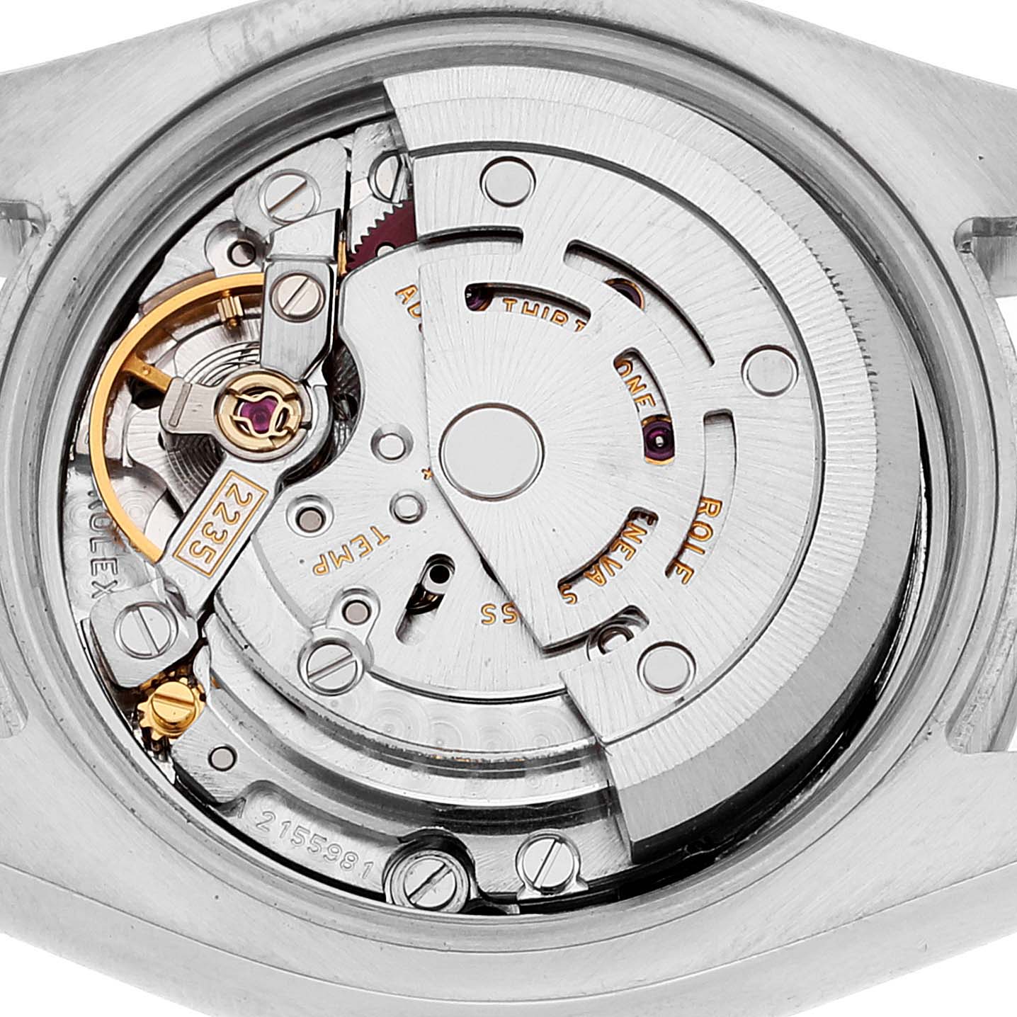 This image shows the movement mechanism of a Rolex Datejust 179161 Women's Steel and Gold (two tone) Silver Dial 179161 Women's Steel and Gold (two tone) Silver Dial watch from the back.