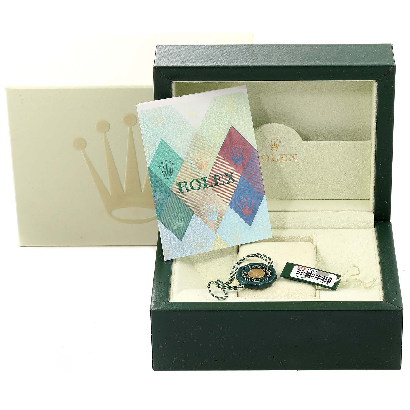 The image shows the green box with accessories for a Rolex Datejust 179161 Women's Steel and Gold (two tone) Silver Dial 179161 Women's Steel and Gold (two tone) Silver Dial model, including a card and hang tags.