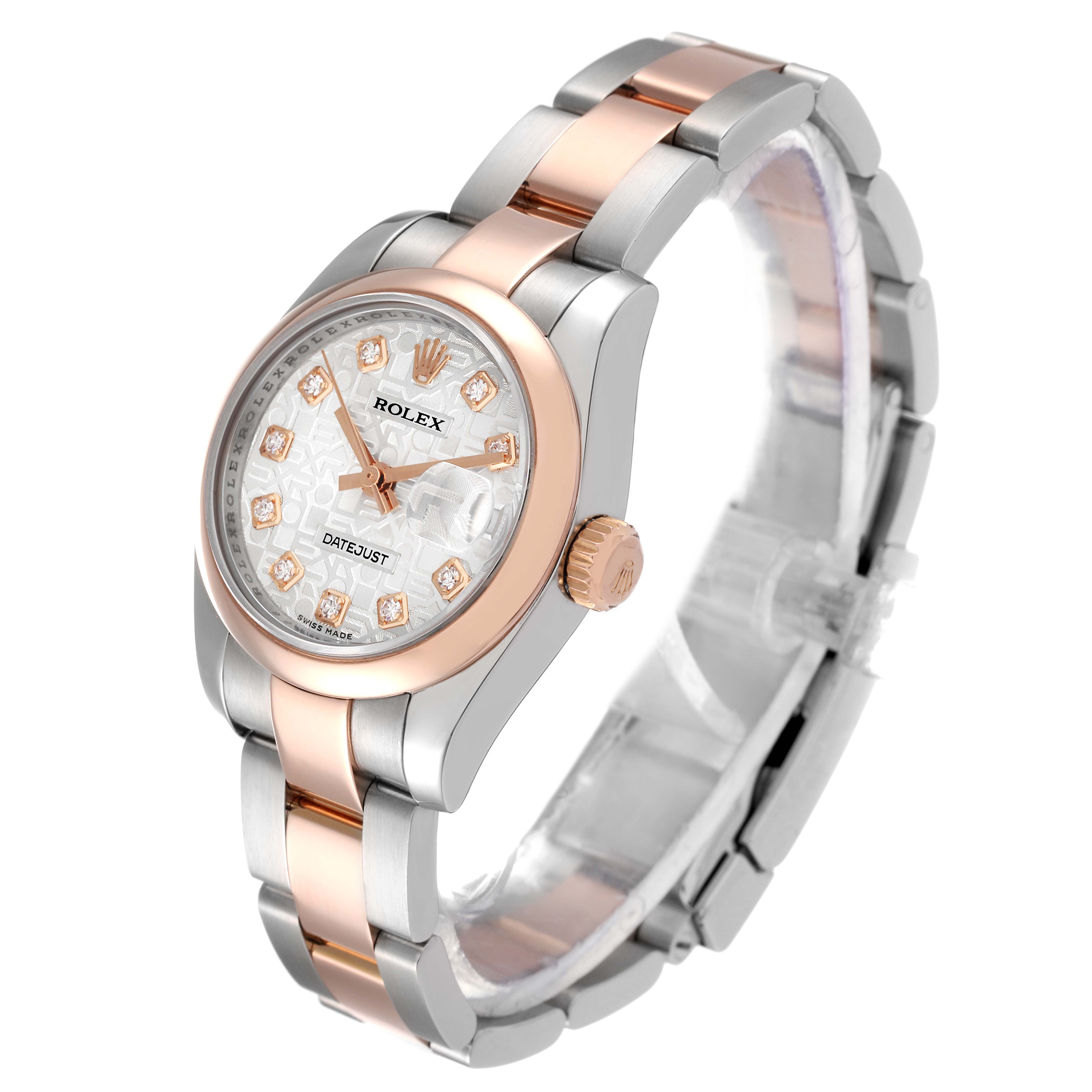 This image shows a side angle of a Rolex Datejust 179161 Women's Steel and Gold (two tone) Silver Dial 179161 Women's Steel and Gold (two tone) Silver Dial watch, highlighting its two-tone bracelet, crown, and face.