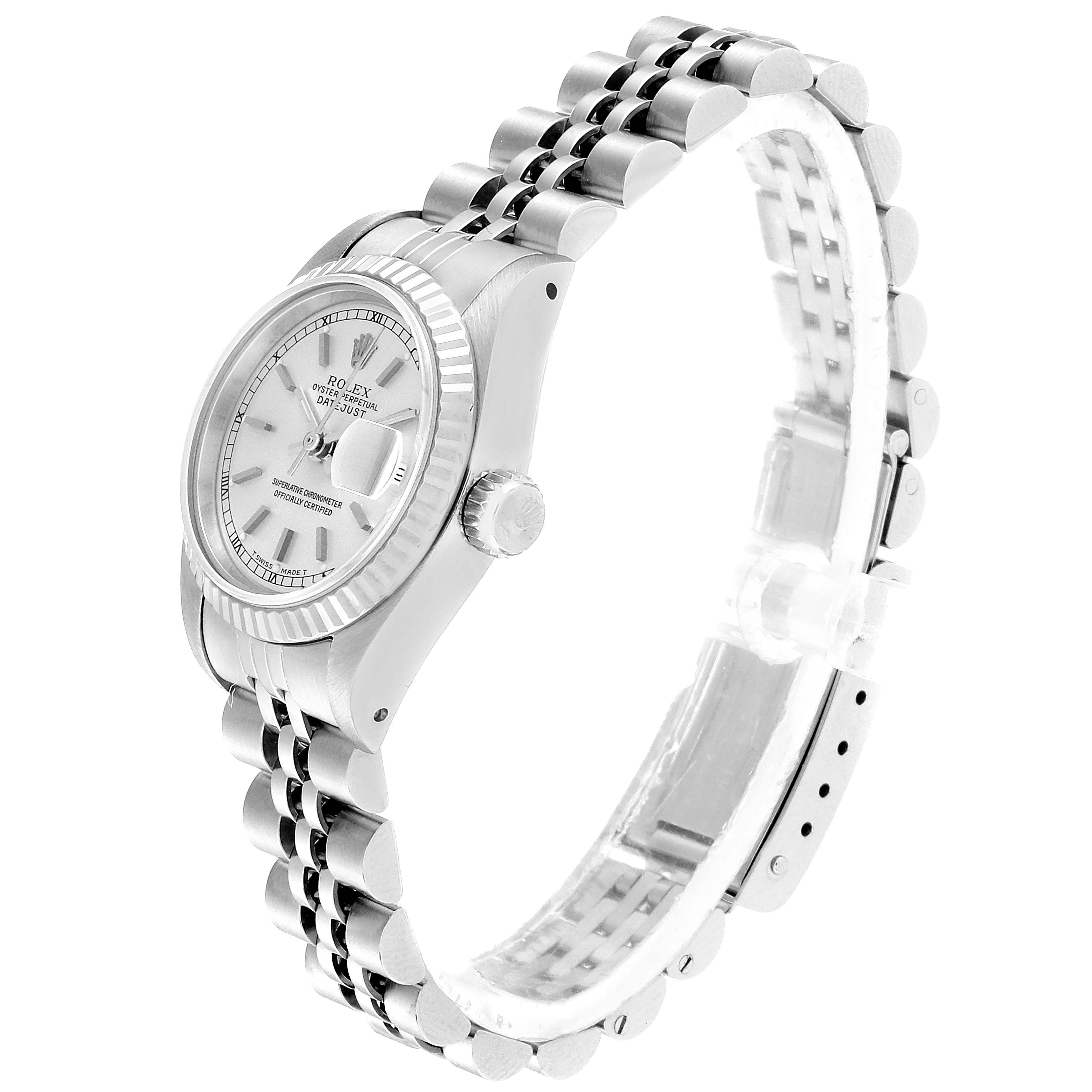 The Rolex Datejust 69174 Women's Stainless Steel Silver Dial 69174 Women's Stainless Steel Silver Dial watch is shown at an angle displaying the dial, case, crown, and bracelet.