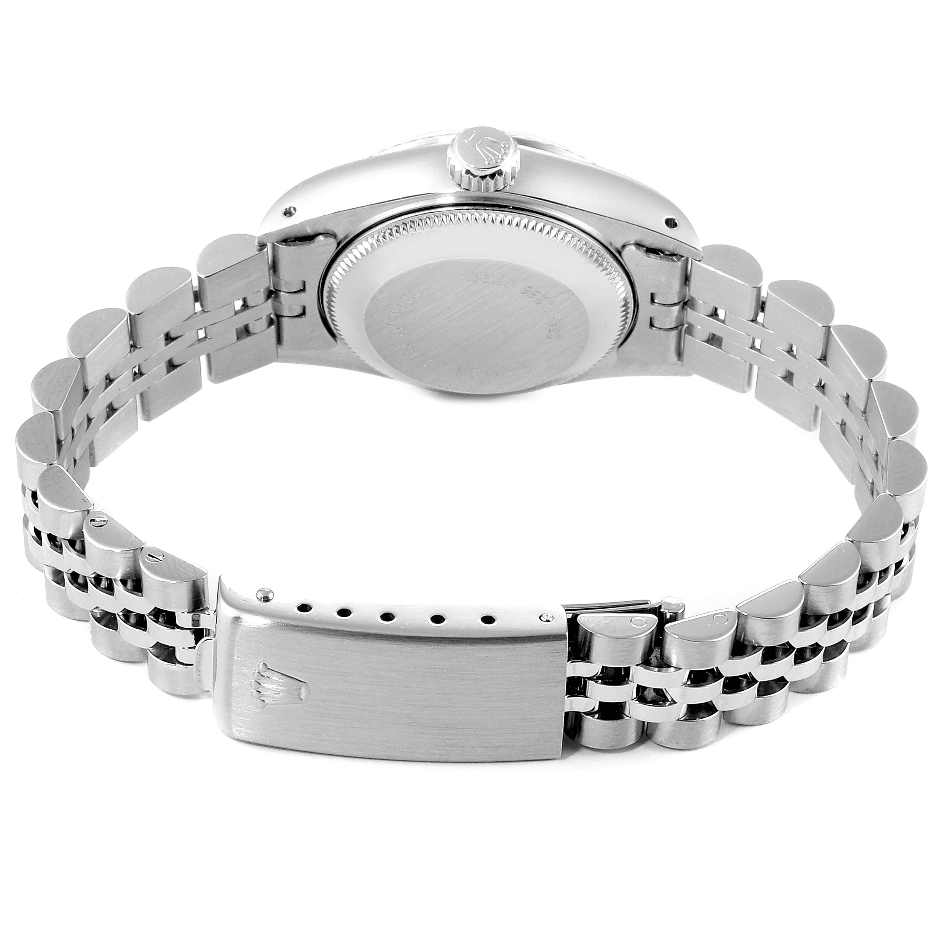 The image shows the back view of a Rolex Datejust 69174 Women's Stainless Steel Silver Dial 69174 Women's Stainless Steel Silver Dial watch, highlighting the clasp, bracelet, and case back.
