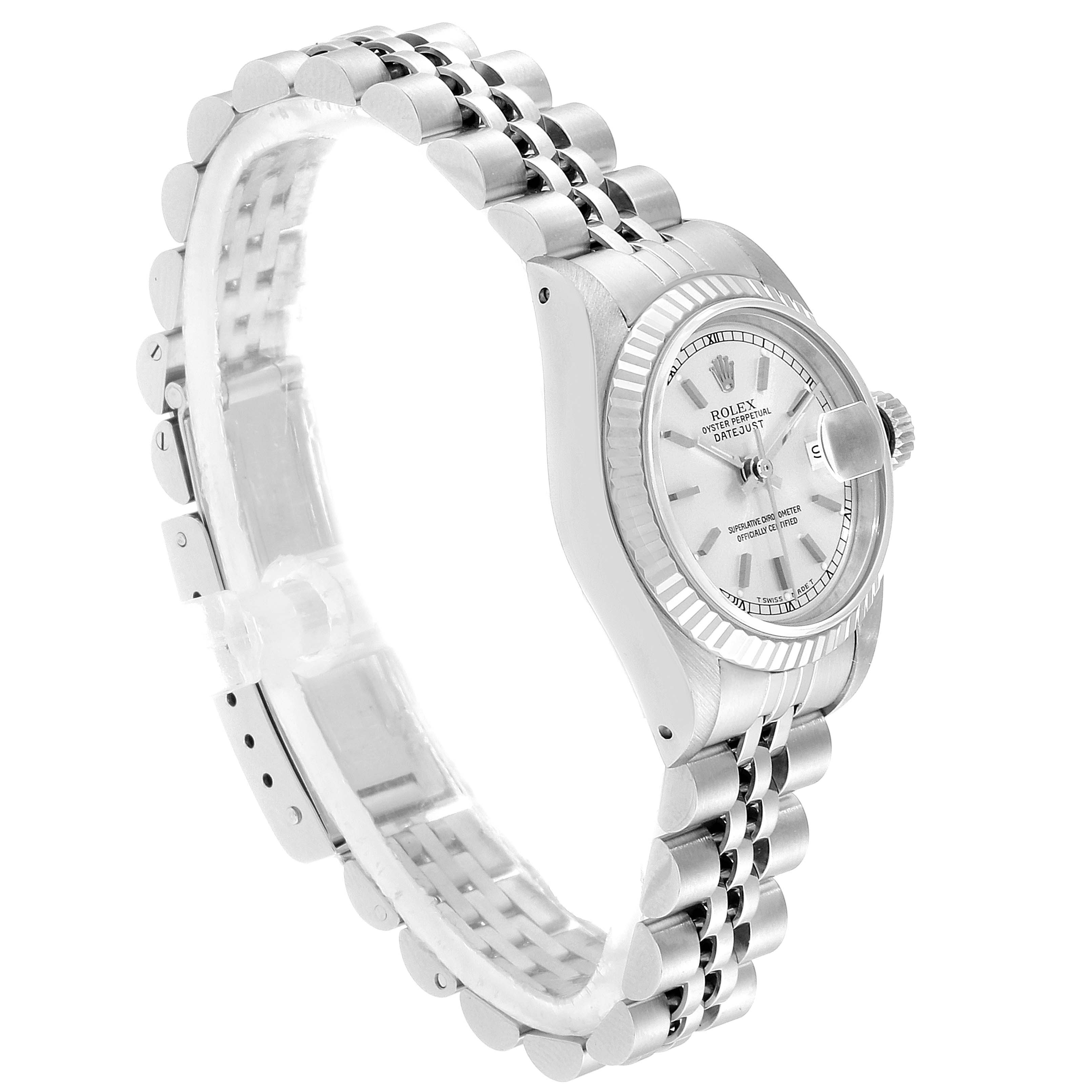 The Rolex Datejust 69174 Women's Stainless Steel Silver Dial 69174 Women's Stainless Steel Silver Dial watch is shown at an angle highlighting the bracelet, case, dial, and crown.