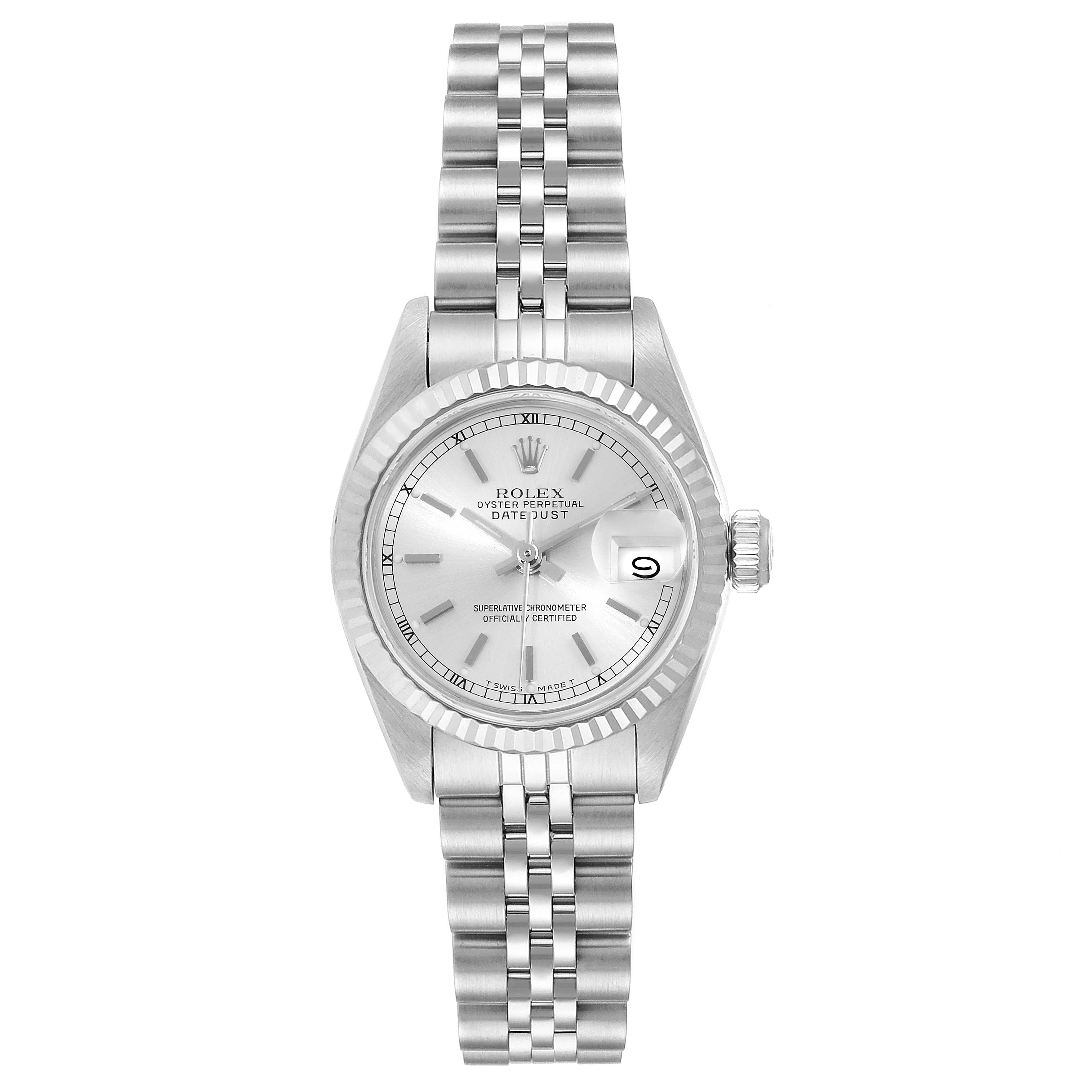 This image shows a frontal view of a Rolex Datejust 69174 Women's Stainless Steel Silver Dial 69174 Women's Stainless Steel Silver Dial watch, highlighting its dial, bezel, and bracelet.