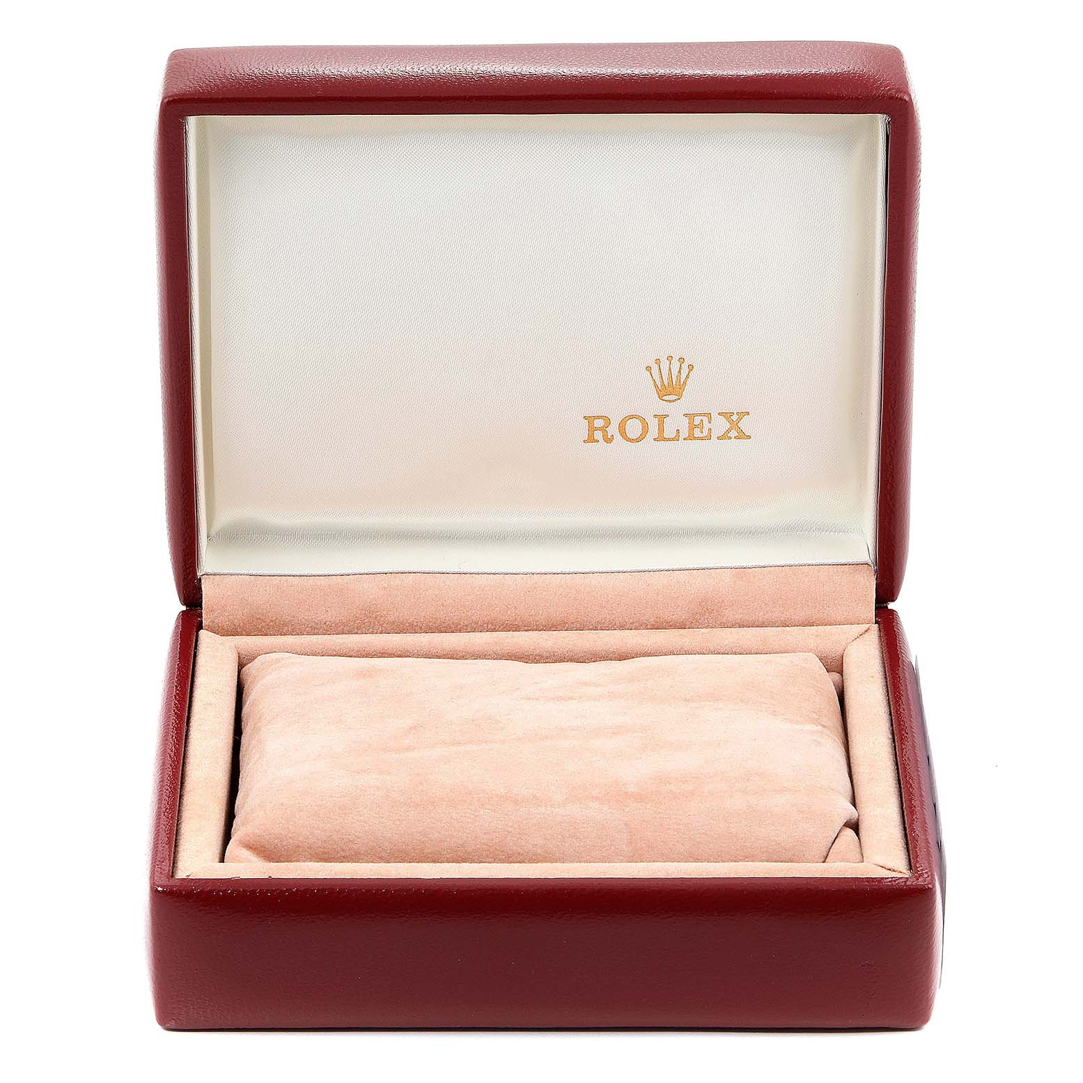 This image shows an open maroon Rolex Datejust 69174 Women's Stainless Steel Silver Dial 69174 Women's Stainless Steel Silver Dial watch box with the logo on the interior lid.