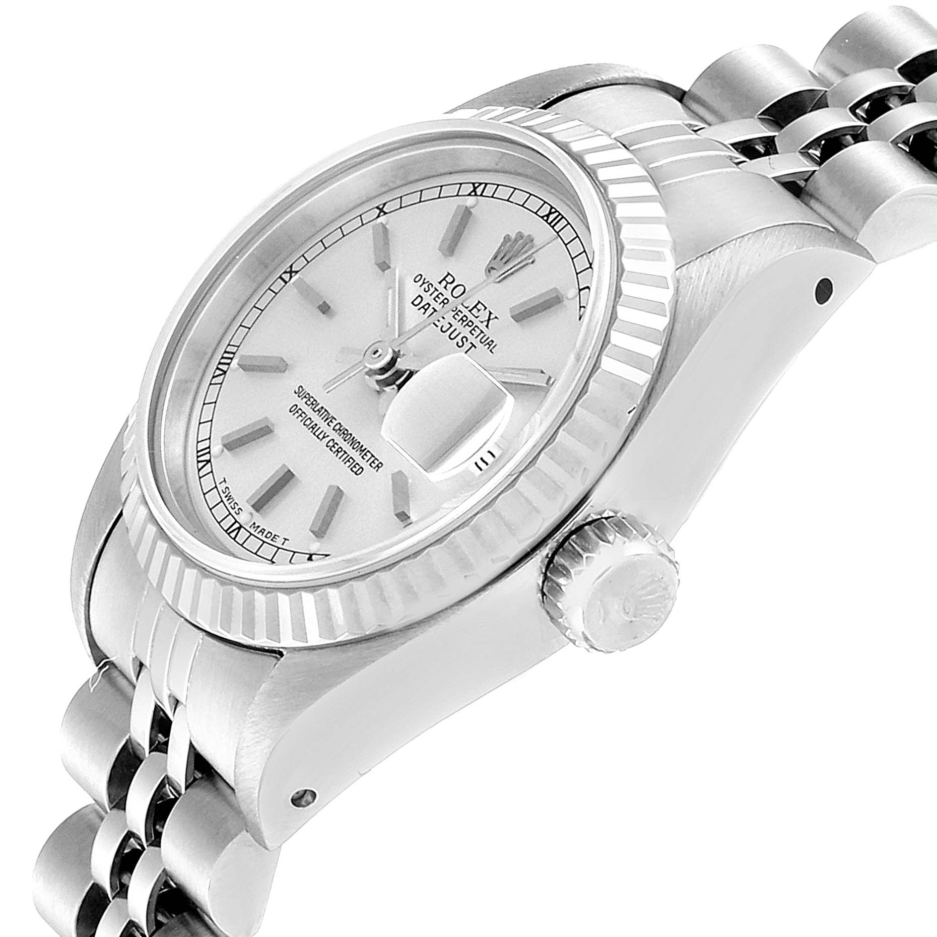 The image shows a side and partial top view of a Rolex Datejust 69174 Women's Stainless Steel Silver Dial 69174 Women's Stainless Steel Silver Dial watch, highlighting the dial, crown, and bracelet.