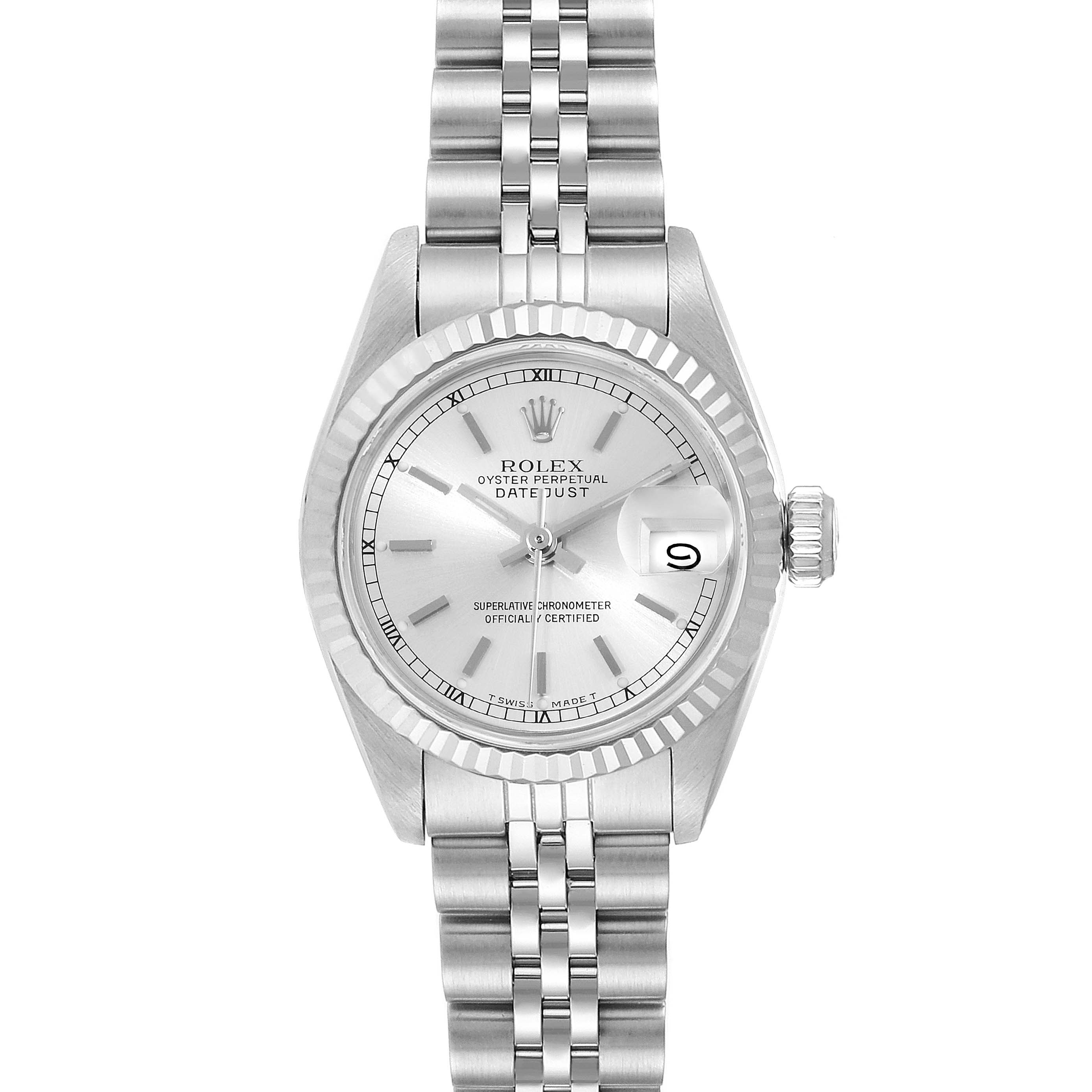 The Rolex Datejust 69174 Women's Stainless Steel Silver Dial 69174 Women's Stainless Steel Silver Dial watch is shown from a top-down angle, displaying the complete face, bezel, and bracelet.