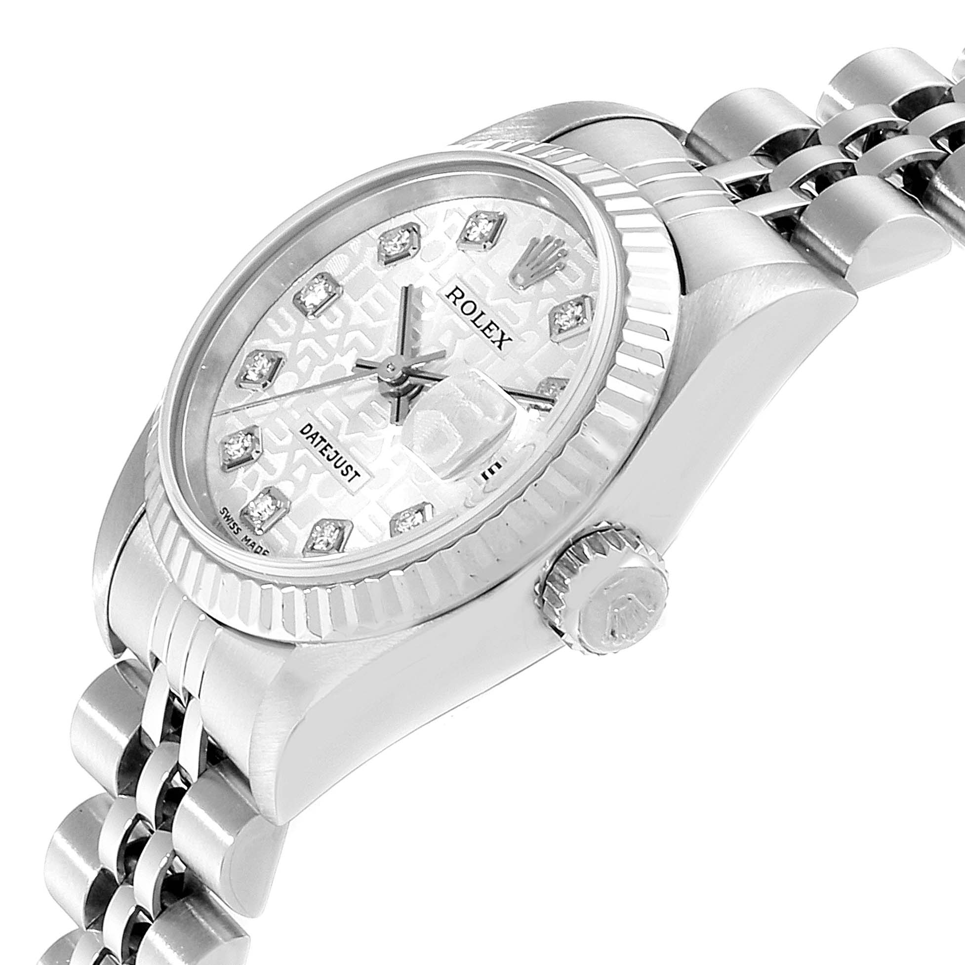 The Rolex Datejust 79174 Women's Stainless Steel Silver Dial 79174 Women's Stainless Steel Silver Dial watch is shown at an angle emphasizing the dial, fluted bezel, crown, and bracelet link.