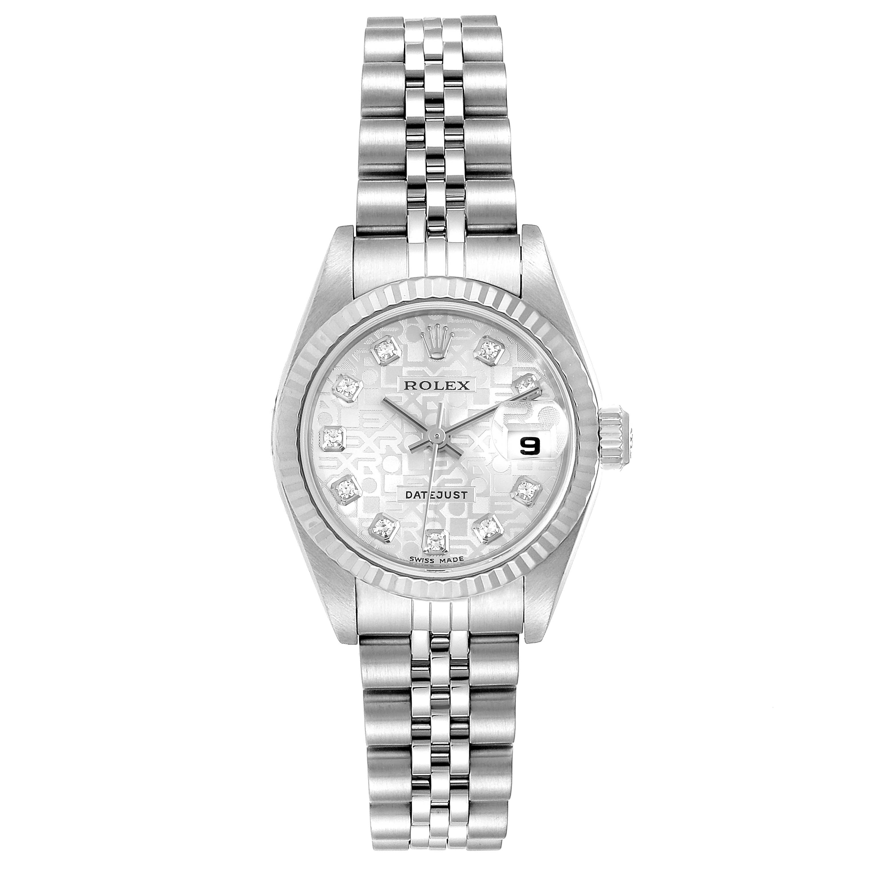 The image shows a front view of a Rolex Datejust 79174 Women's Stainless Steel Silver Dial 79174 Women's Stainless Steel Silver Dial watch featuring a metal bracelet, dial, hands, bezel, and date window.