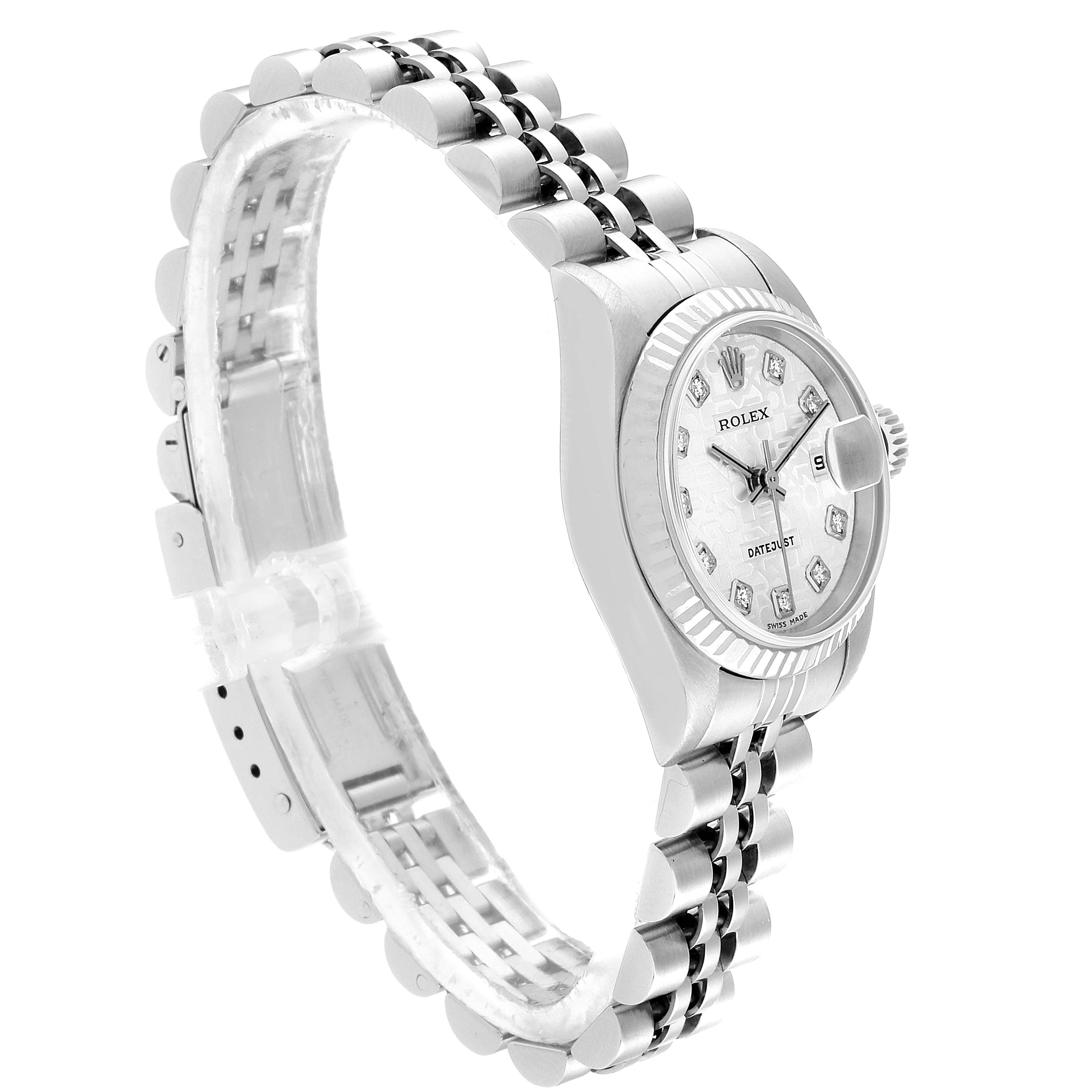 The image shows a Rolex Datejust 79174 Women's Stainless Steel Silver Dial 79174 Women's Stainless Steel Silver Dial watch from a tilted front and side angle, highlighting the face, bezel, and part of the bracelet.