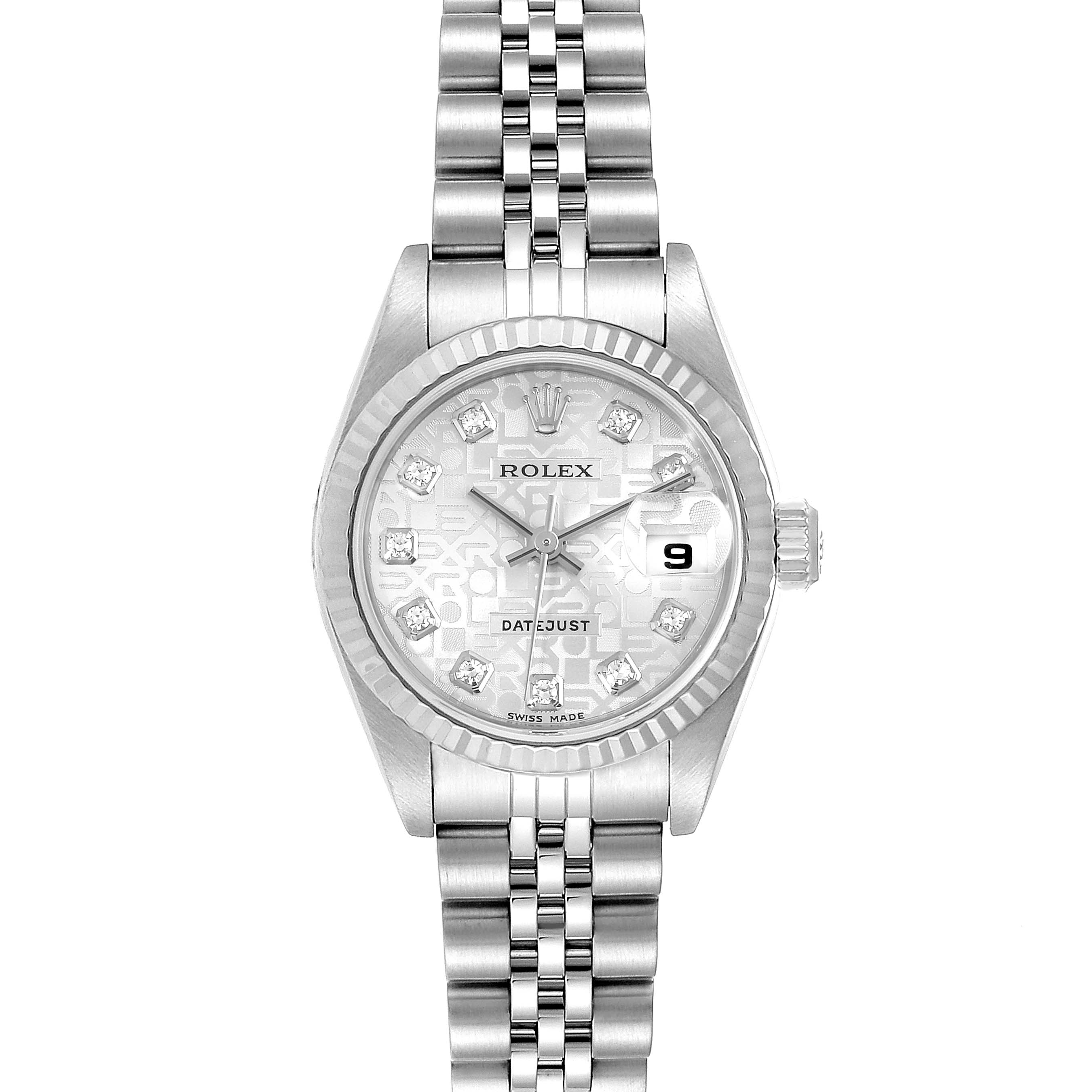 The image shows a Rolex Datejust 79174 Women's Stainless Steel Silver Dial 79174 Women's Stainless Steel Silver Dial watch from a front view, highlighting its face, bezel, bracelet, and date function.