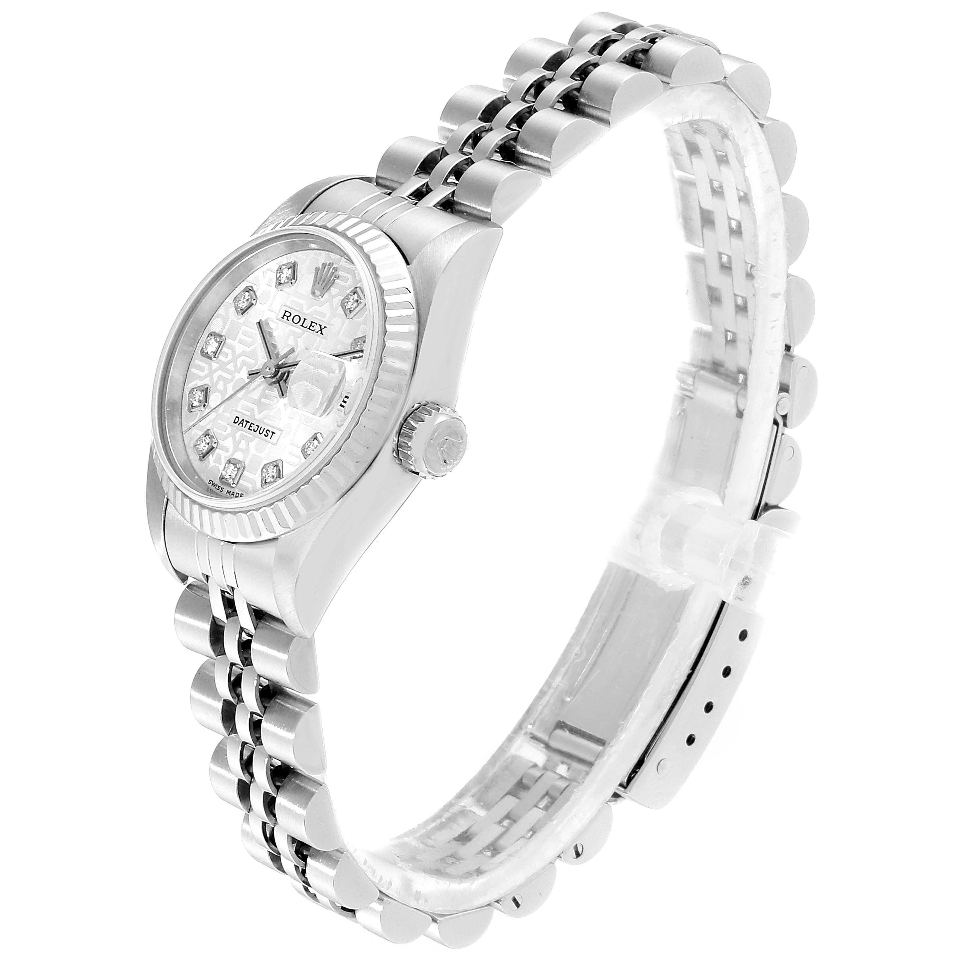 The image shows a side view of a Rolex Datejust 79174 Women's Stainless Steel Silver Dial 79174 Women's Stainless Steel Silver Dial watch, highlighting its dial, case, crown, and bracelet.