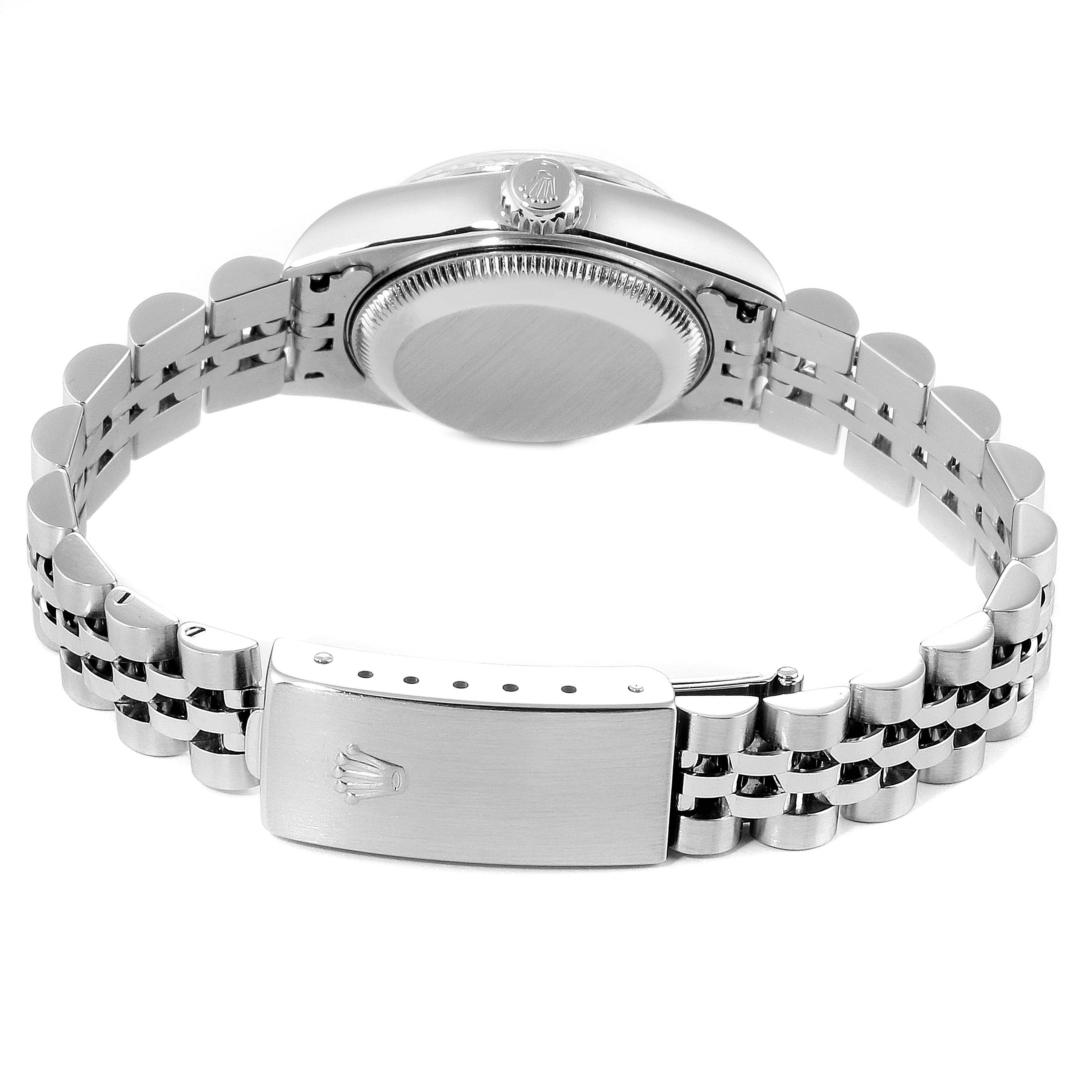 This image shows the back case and Jubilee bracelet of a Rolex Datejust 79174 Women's Stainless Steel Silver Dial 79174 Women's Stainless Steel Silver Dial watch, including the clasp and crown.