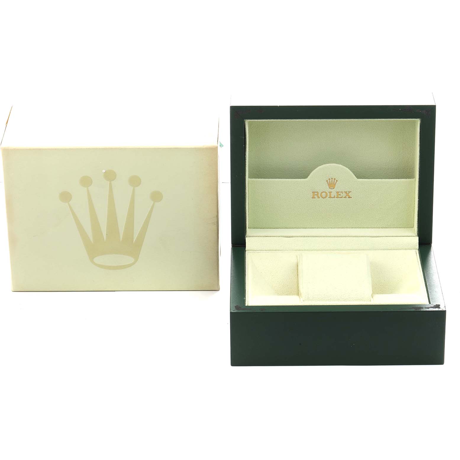 The image shows an open Rolex Datejust 116234 Men
s Stainless Steel Black Dial box and its outer packaging, featuring the Rolex logo prominently.