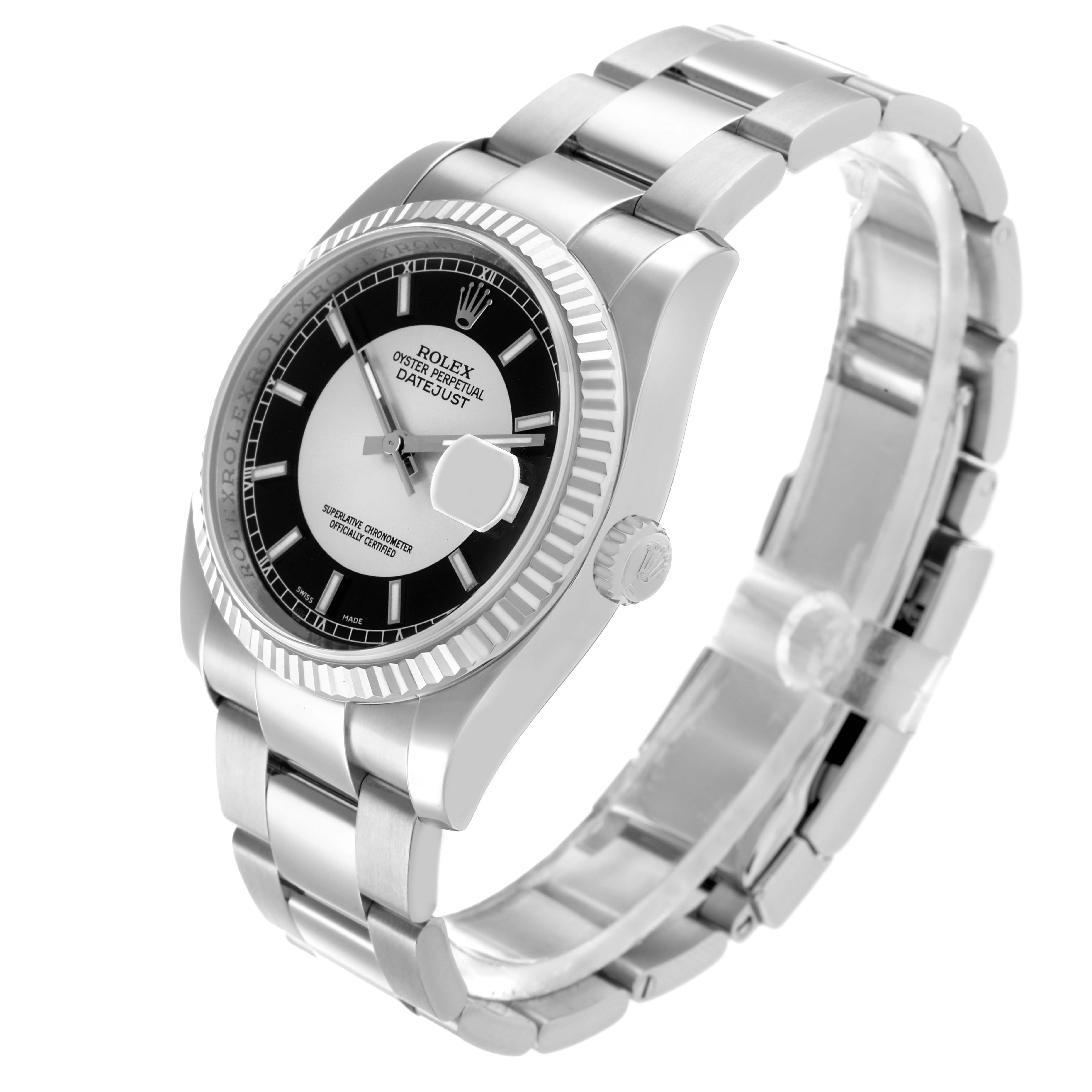 The Rolex Datejust 116234 Men
s Stainless Steel Black Dial watch is shown at a three-quarter angle, displaying the bezel, dial, crown, and bracelet.