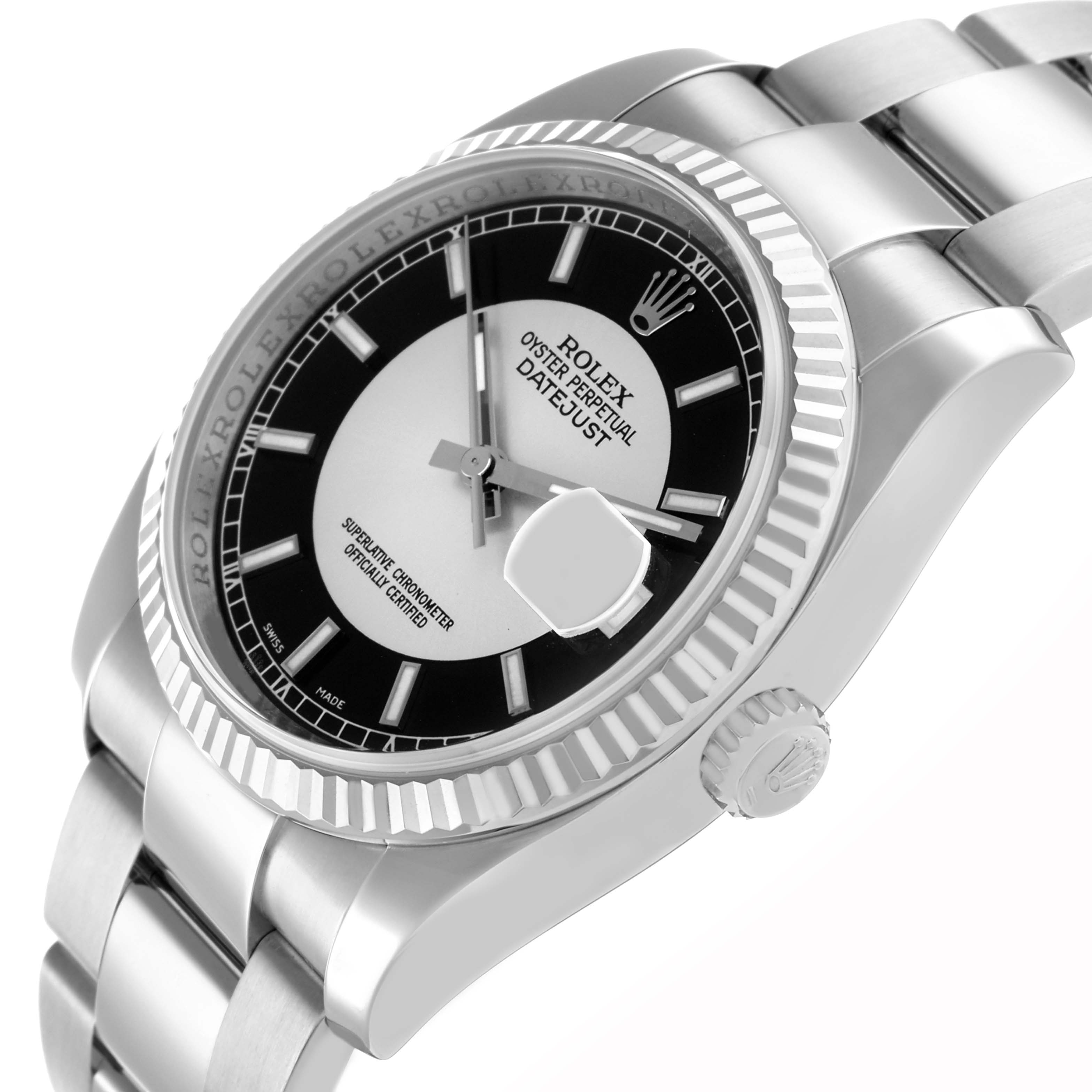 The Rolex Datejust 116234 Men
s Stainless Steel Black Dial watch is shown at a side angle, displaying the dial, fluted bezel, bracelet, and crown.