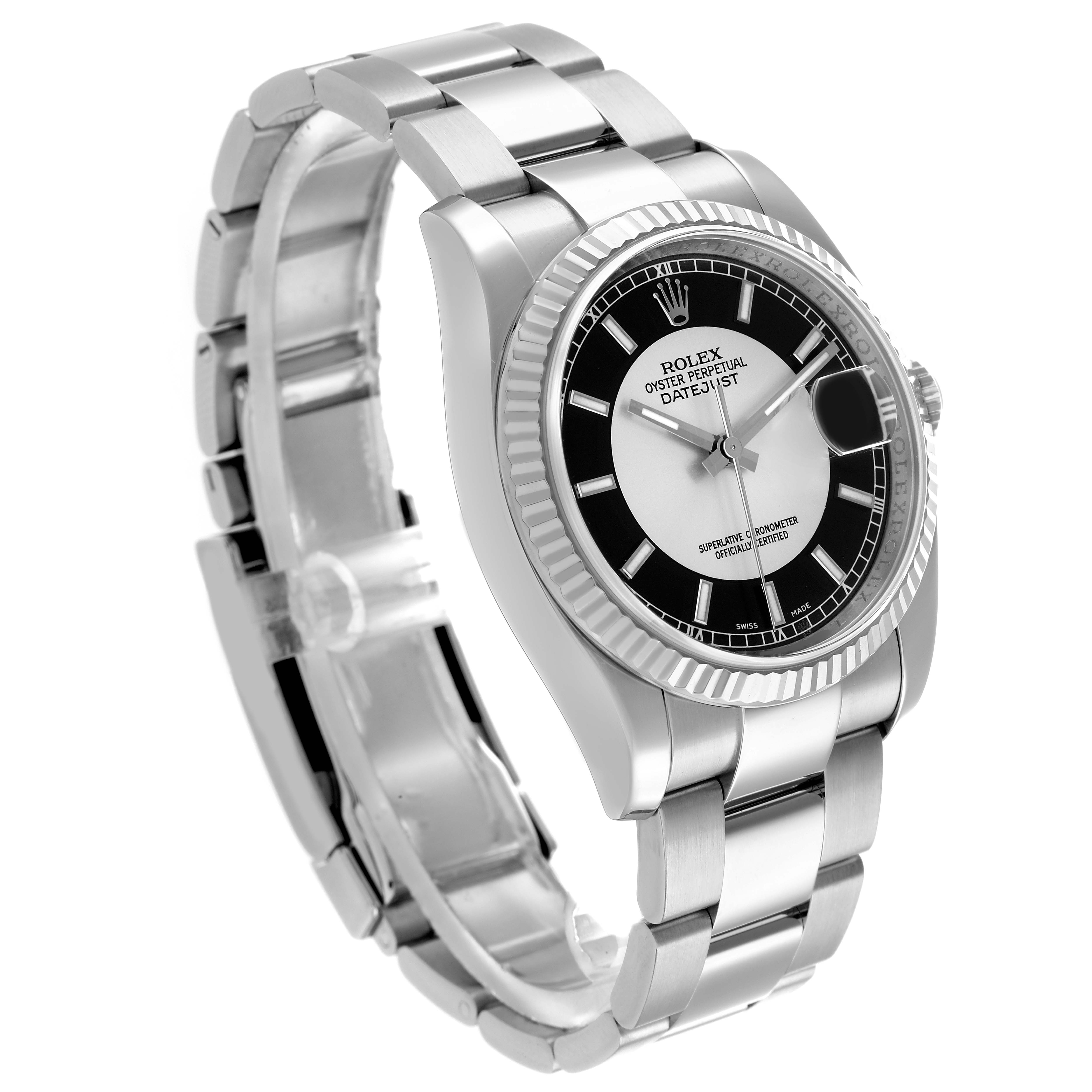 The Rolex Datejust 116234 Men
s Stainless Steel Black Dial watch is shown at a three-quarter angle, highlighting its bezel, dial, and bracelet.