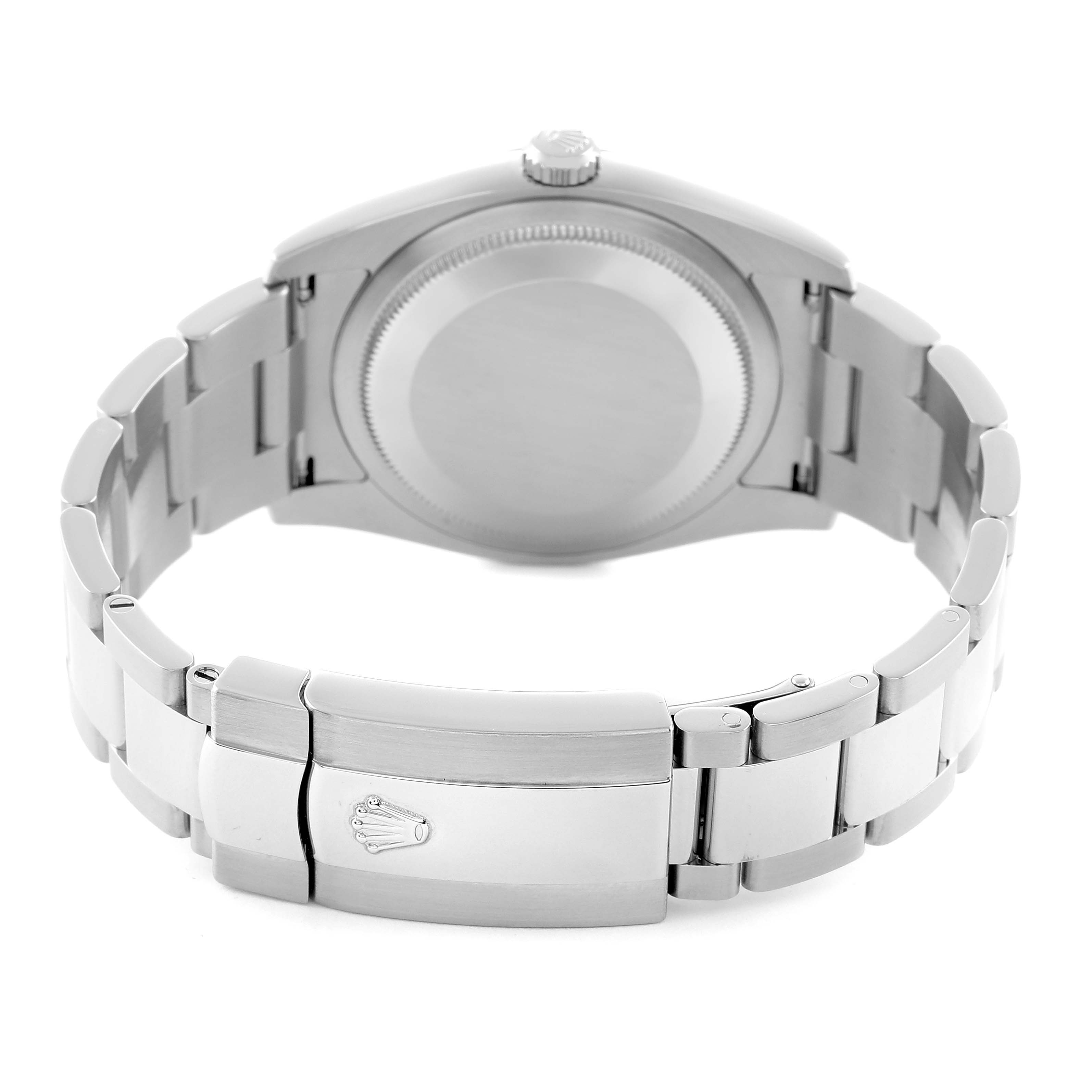 The Rolex Datejust 116234 Men
s Stainless Steel Black Dial watch is shown from the back, highlighting the case back, bracelet, and clasp.