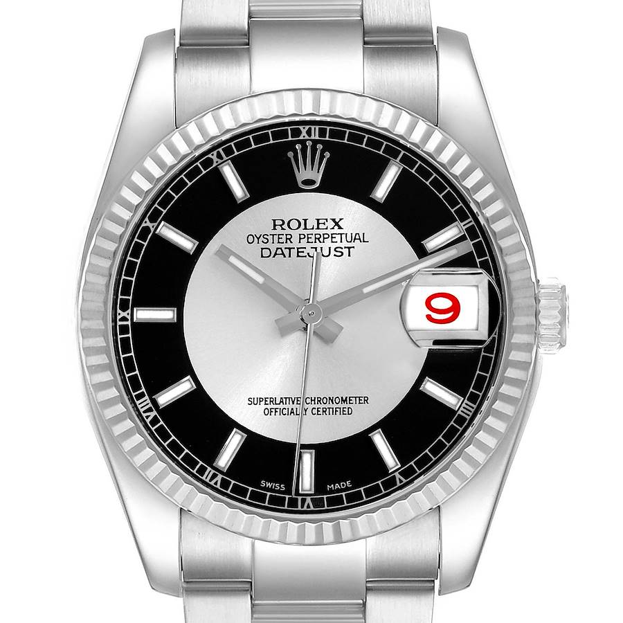 The Rolex Datejust 116234 Men's Stainless Steel Black Dial watch is shown from a front angle, highlighting the dial, hands, date, and bezel.