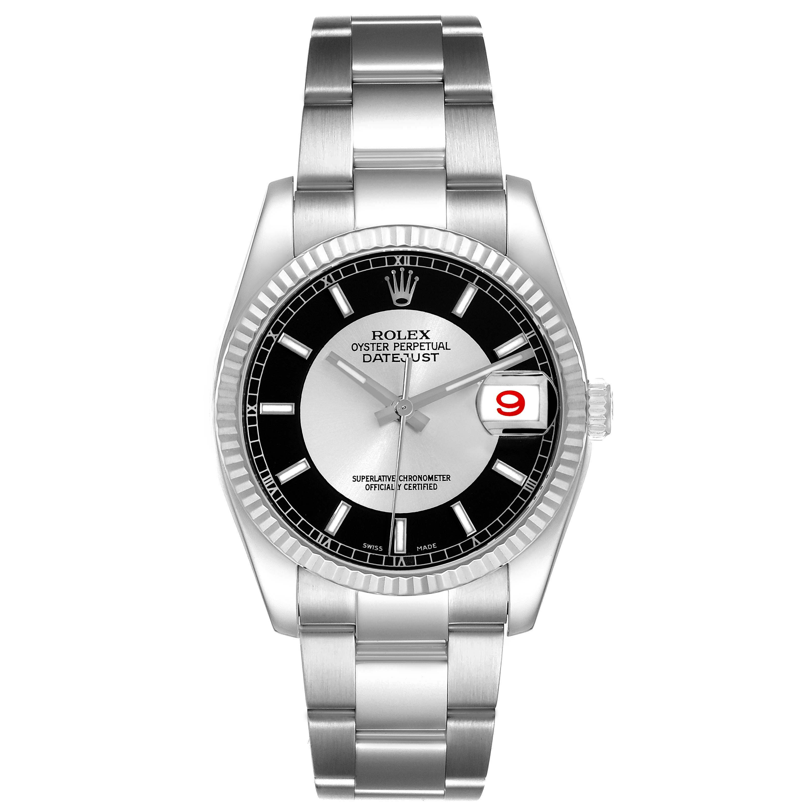 The image shows a frontal view of a Rolex Datejust 116234 Men
s Stainless Steel Black Dial, displaying the dial, hands, bezel, crown, and bracelet.