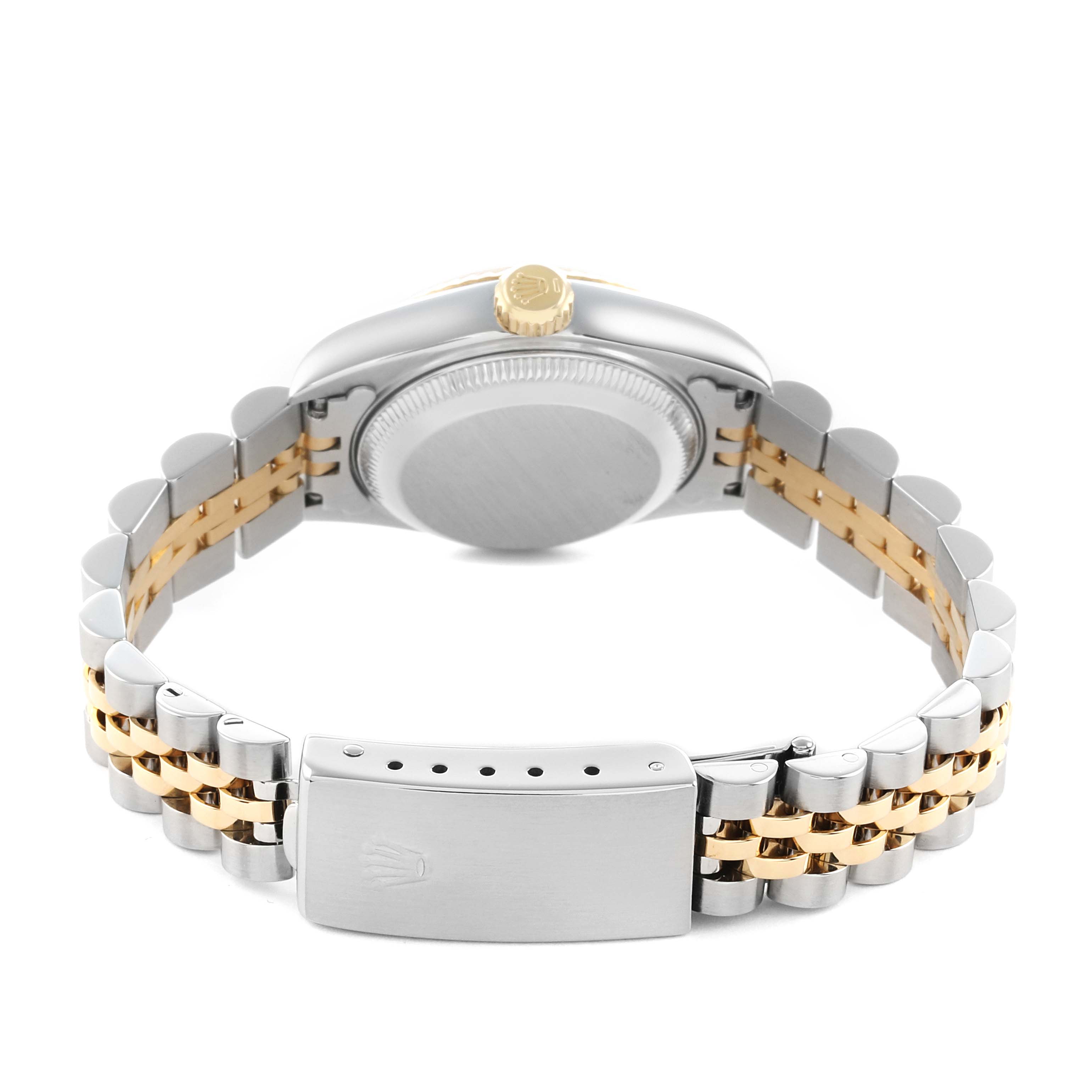 The image shows the back view of a Rolex Datejust 79173 Women's Steel and Gold (two tone) Champagne Dial watch, highlighting its clasp, bracelet, and case back.
