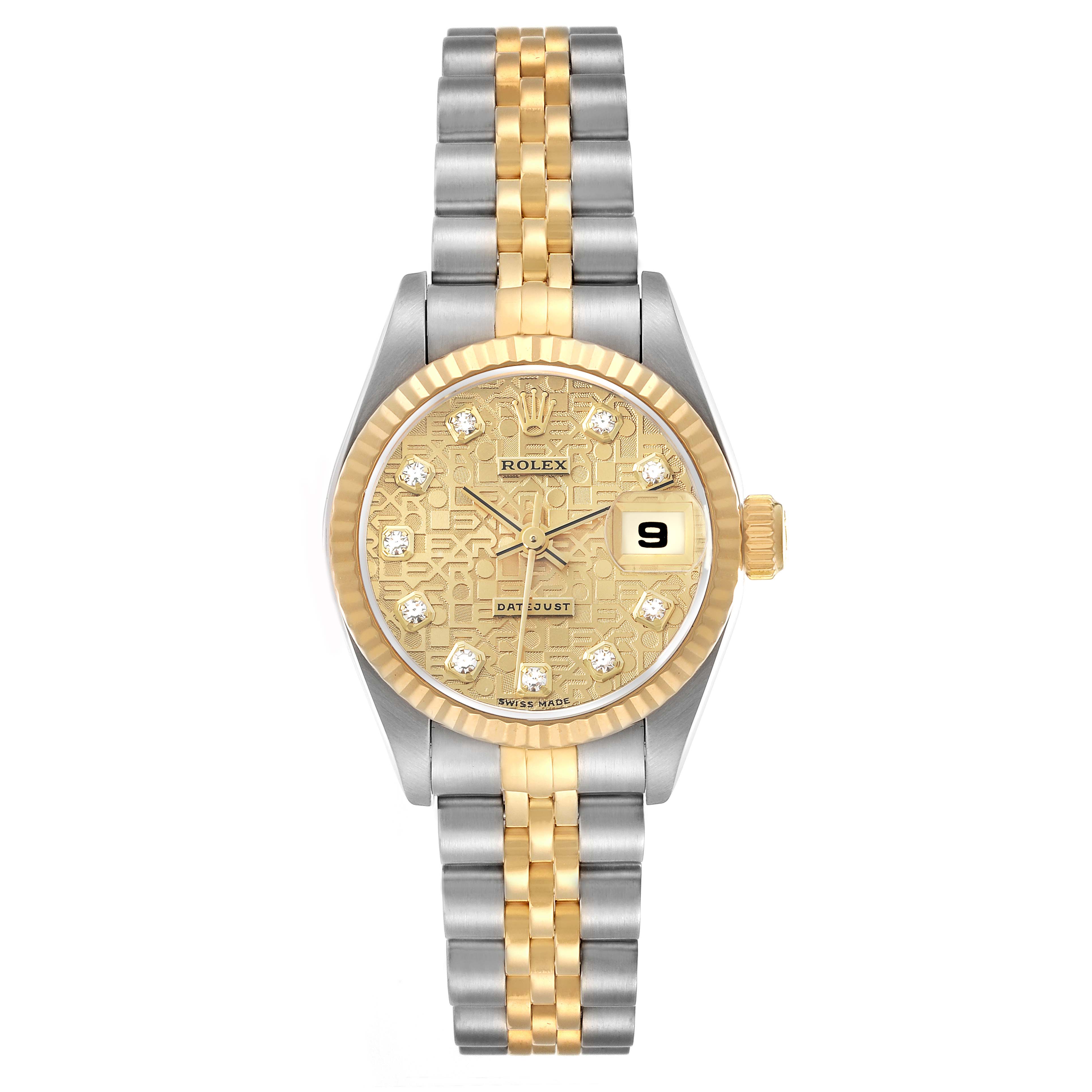 This Rolex Datejust 79173 Women's Steel and Gold (two tone) Champagne Dial watch is shown from the front, displaying its dial, bezel, crown, and two-tone bracelet.