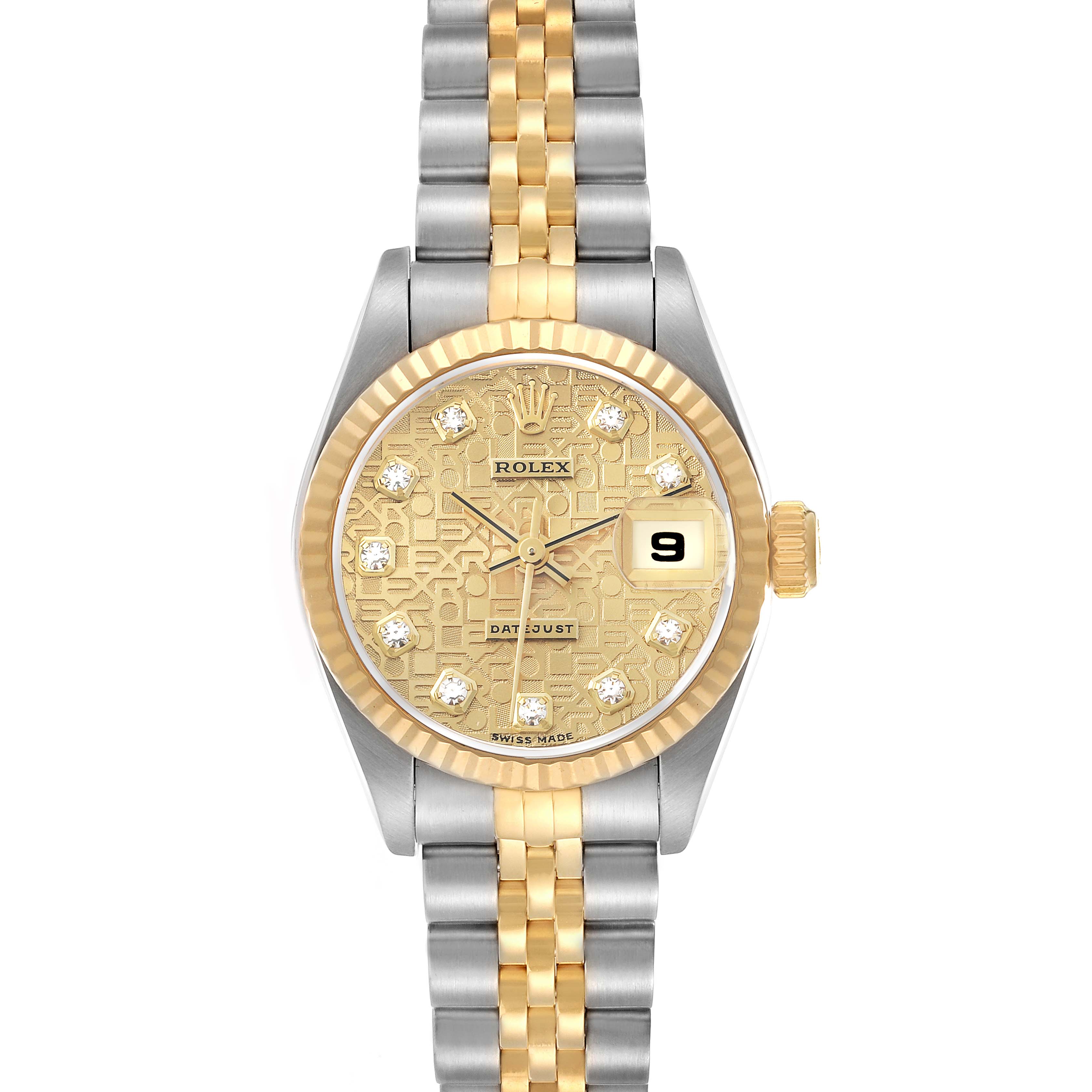 The Rolex Datejust 79173 Women's Steel and Gold (two tone) Champagne Dial watch is shown from the front, highlighting its dial, bezel, and two-tone bracelet.