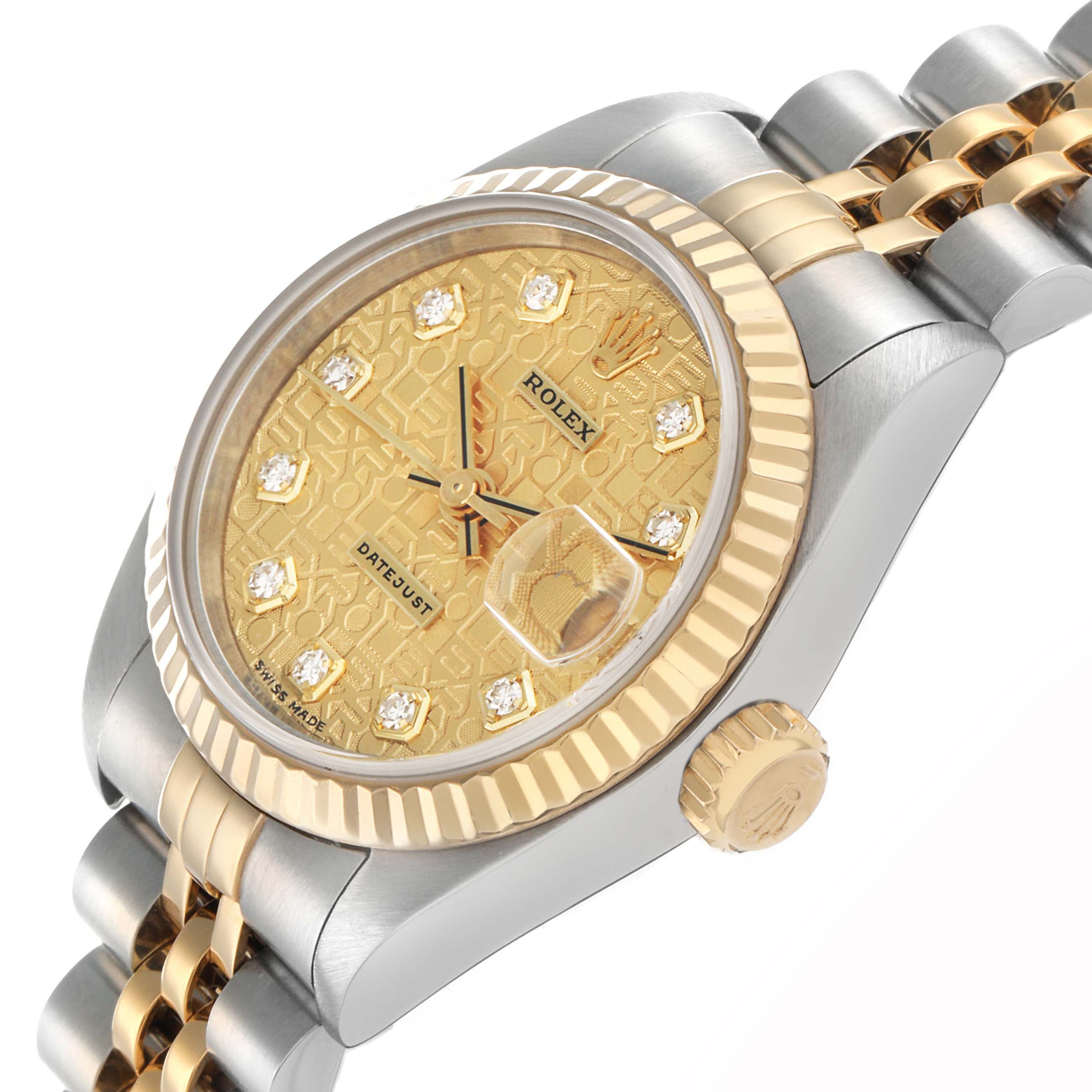 The Rolex Datejust 79173 Women's Steel and Gold (two tone) Champagne Dial watch is shown at an angled close-up, highlighting the dial, bezel, and two-tone bracelet.