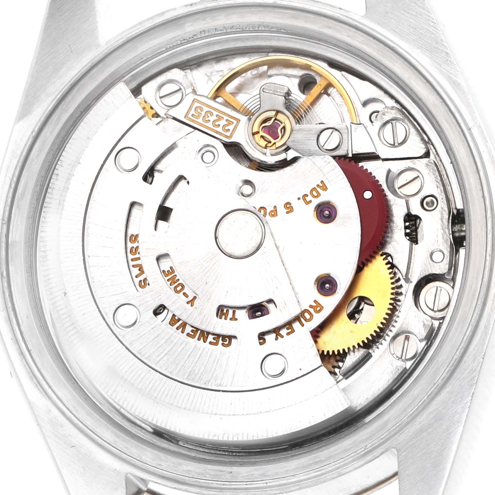 The image shows the movement mechanism from the back of a Rolex Datejust 79173 Women's Steel and Gold (two tone) Champagne Dial watch, highlighting its intricate components.