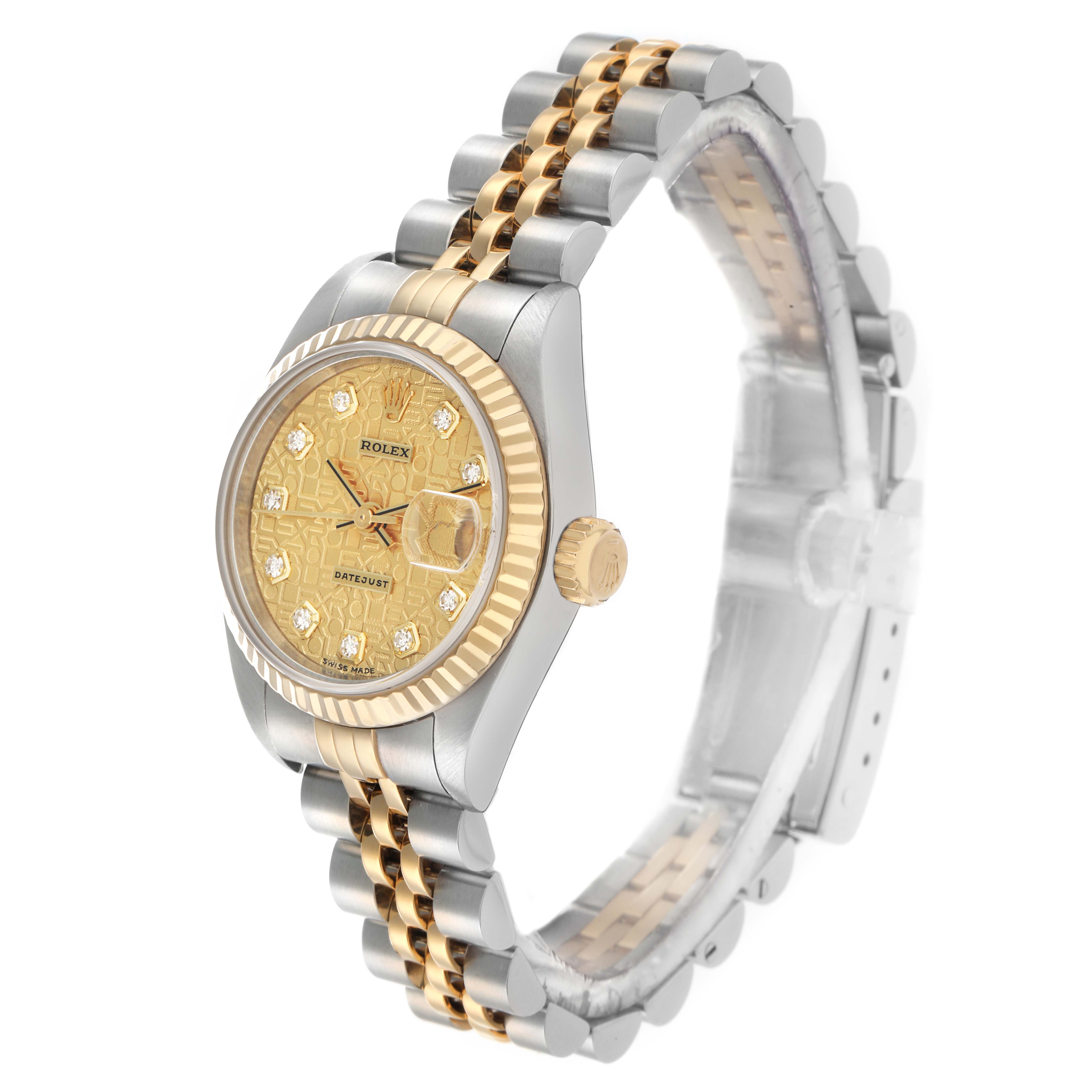 The Rolex Datejust 79173 Women's Steel and Gold (two tone) Champagne Dial model is shown from a three-quarter angle, displaying the dial, bezel, crown, and part of the bracelet.