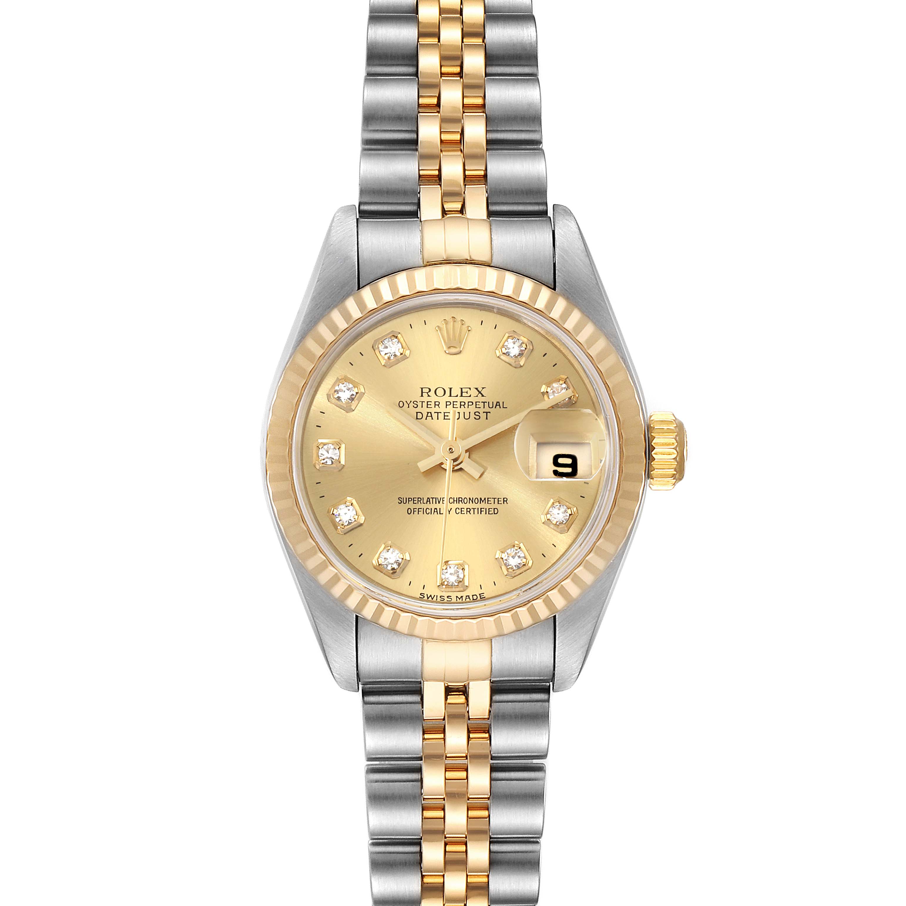 The image shows a front view of a Rolex Datejust 79173 Women's Steel and Gold (two tone) Champagne Dial 79173 Women's Steel and Gold (two tone) Champagne Dial watch, highlighting its face, two-tone bracelet, and fluted bezel.