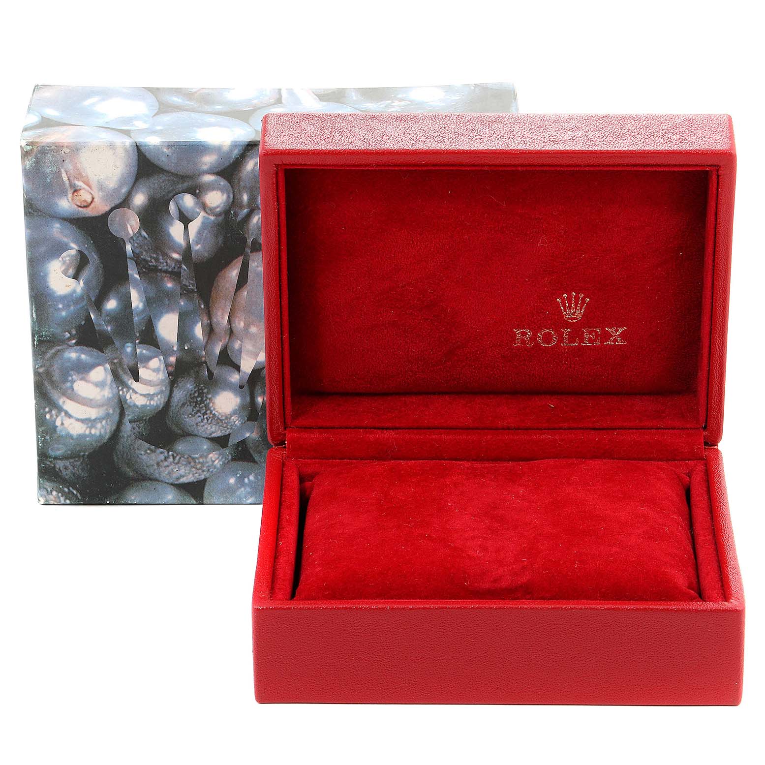 This image shows the open packaging box of a Rolex Datejust 79173 Women's Steel and Gold (two tone) Champagne Dial 79173 Women's Steel and Gold (two tone) Champagne Dial model watch, including the outer and inner red cushioned case.