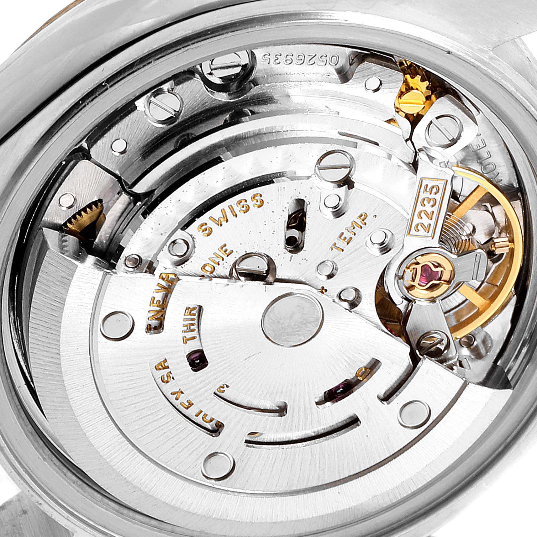 This image shows a close-up of the movement and inner mechanism of a Rolex Datejust 79173 Women's Steel and Gold (two tone) Champagne Dial 79173 Women's Steel and Gold (two tone) Champagne Dial watch.