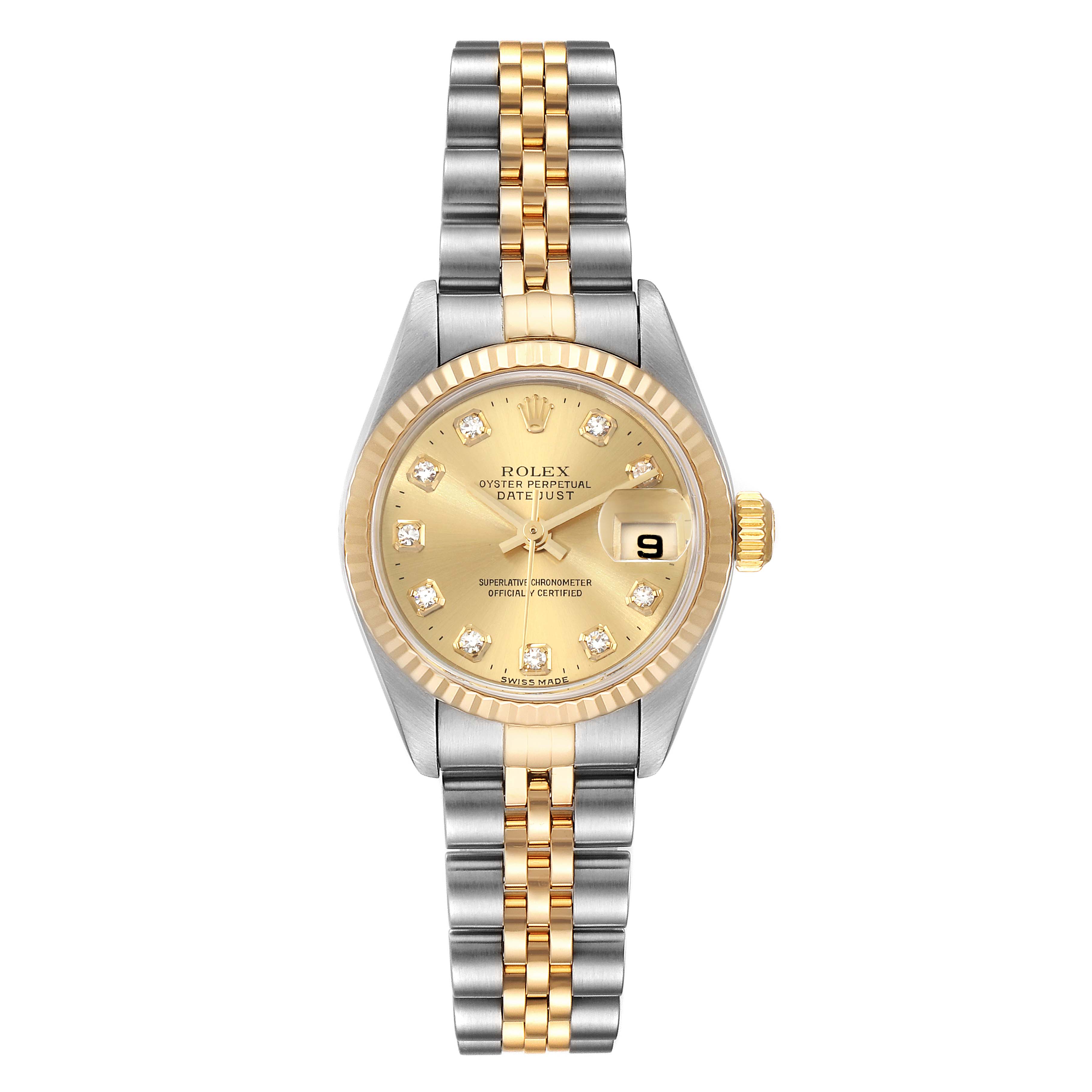 This image shows a Rolex Datejust 79173 Women's Steel and Gold (two tone) Champagne Dial 79173 Women's Steel and Gold (two tone) Champagne Dial watch from a top-down angle, featuring its clasp, bracelet, dial, and fluted bezel.