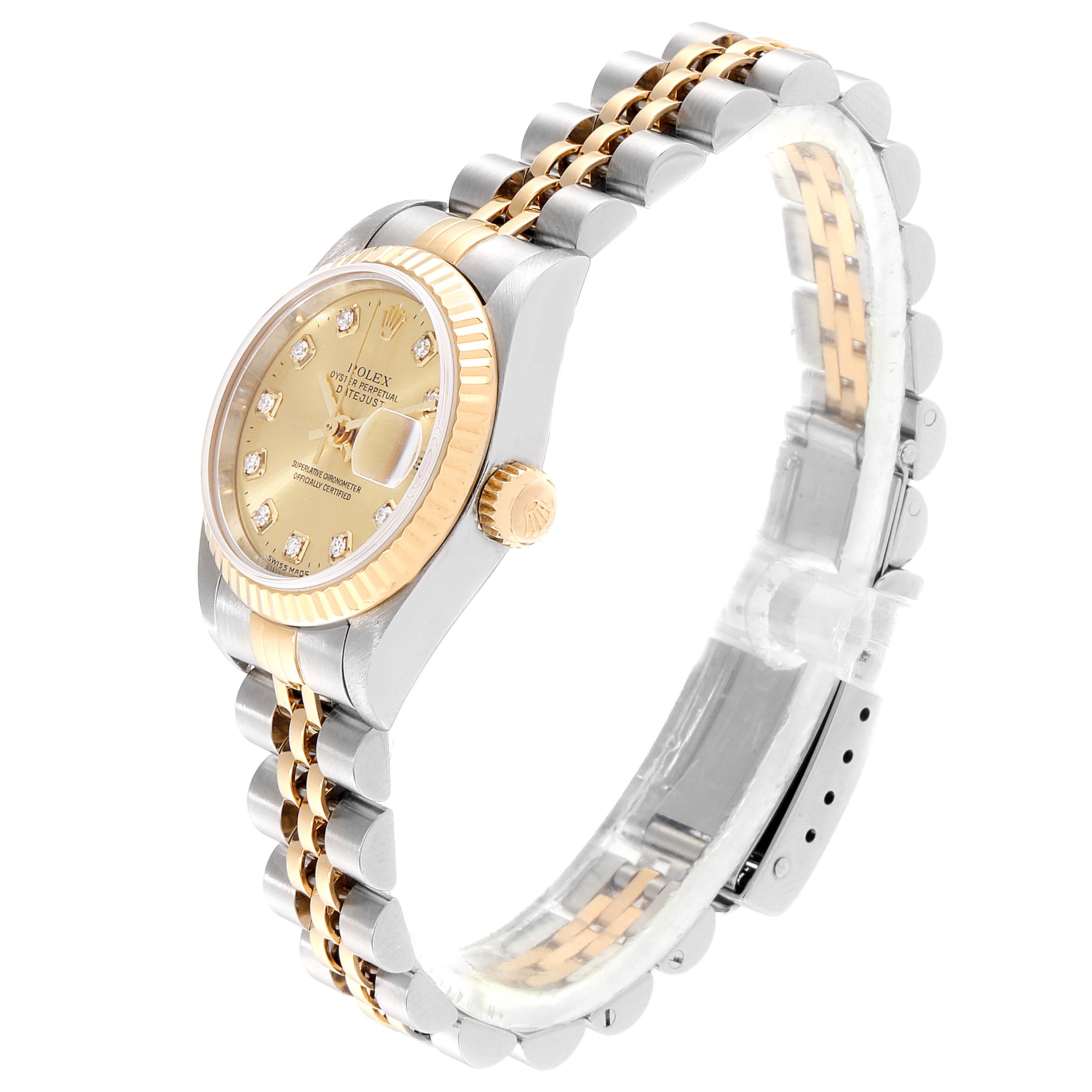 The image shows a Rolex Datejust 79173 Women's Steel and Gold (two tone) Champagne Dial 79173 Women's Steel and Gold (two tone) Champagne Dial watch at a three-quarter angle, highlighting its dial, bezel, crown, and part of the bracelet.