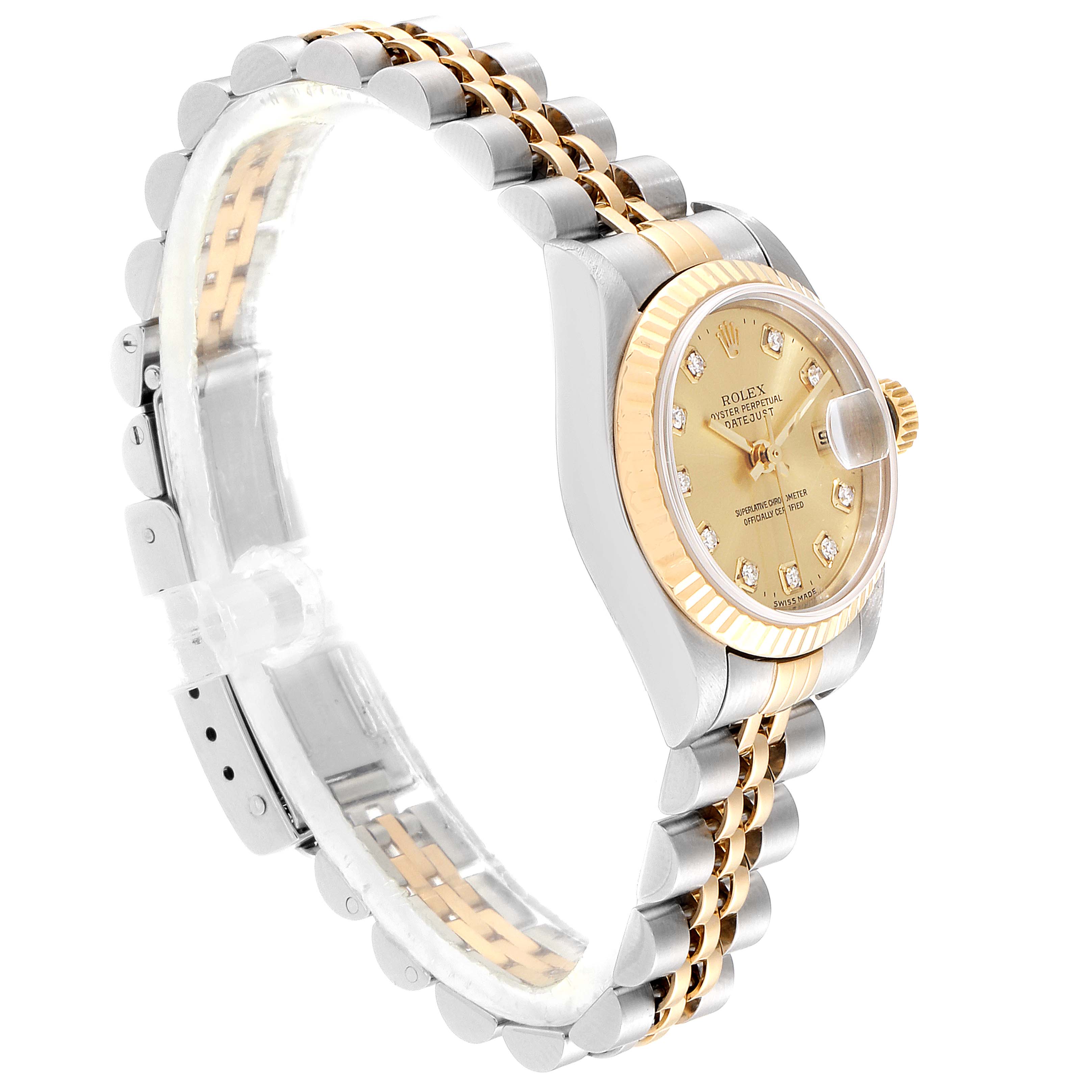 The image shows a Rolex Datejust 79173 Women's Steel and Gold (two tone) Champagne Dial 79173 Women's Steel and Gold (two tone) Champagne Dial watch angled from the front left, displaying the face, bezel, crown, and bracelet.
