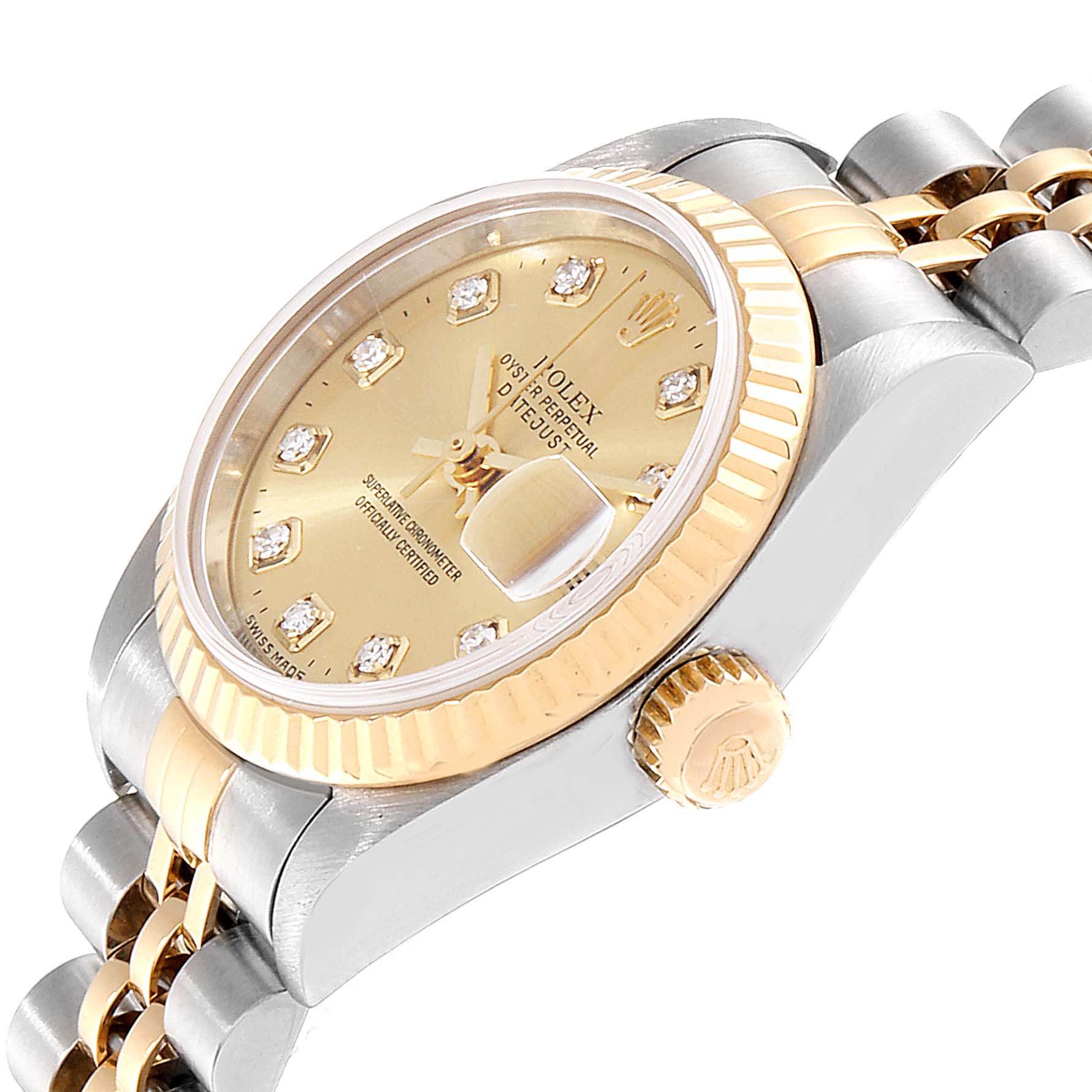 The image shows a close-up, angled view of a Rolex Datejust 79173 Women's Steel and Gold (two tone) Champagne Dial 79173 Women's Steel and Gold (two tone) Champagne Dial watch, highlighting the dial, bezel, crown, and part of the bracelet.