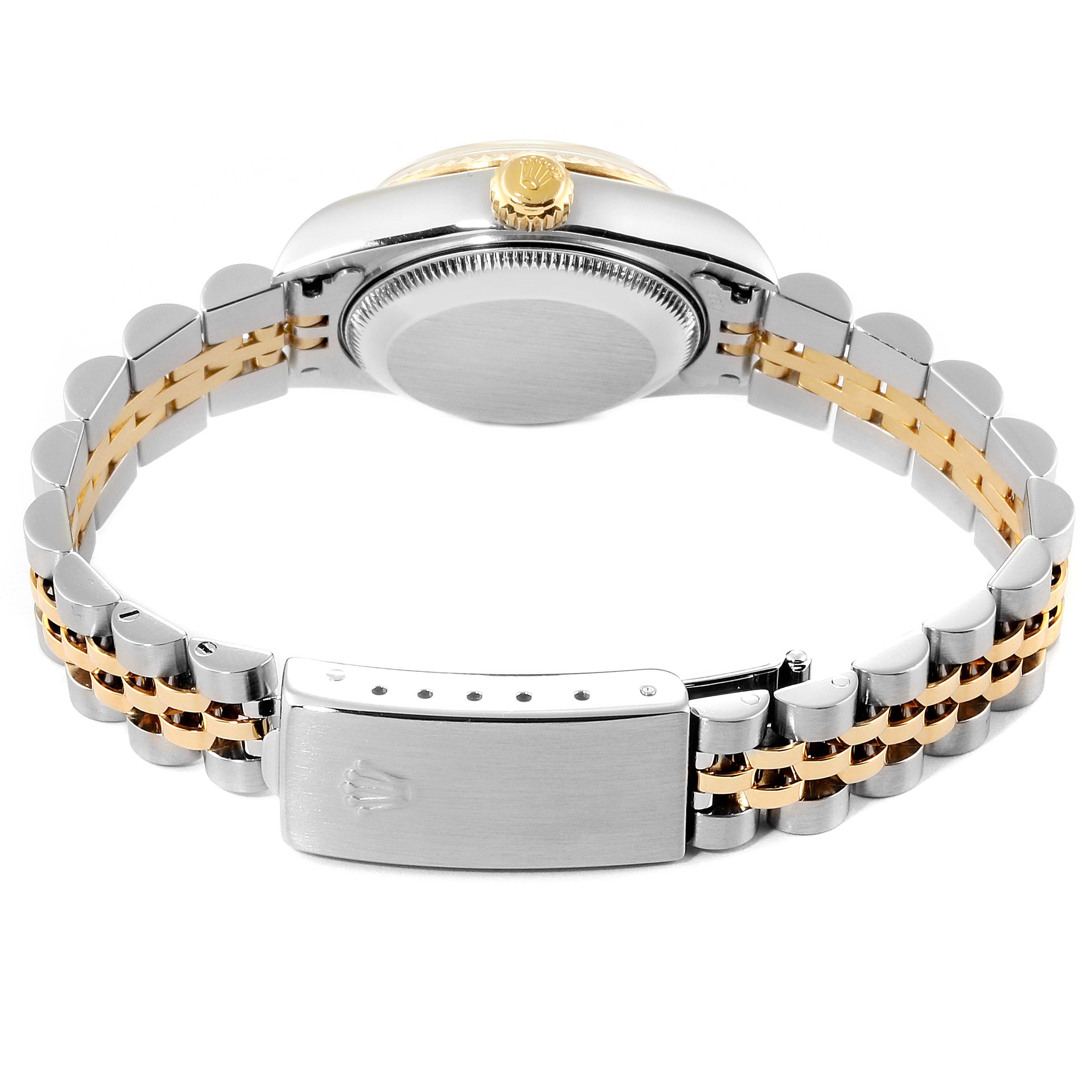 This image shows the back view of a Rolex Datejust 79173 Women's Stainless Steel Silver Dial 79173 Women's Stainless Steel Silver Dial watch, highlighting the case, crown, and two-tone bracelet.