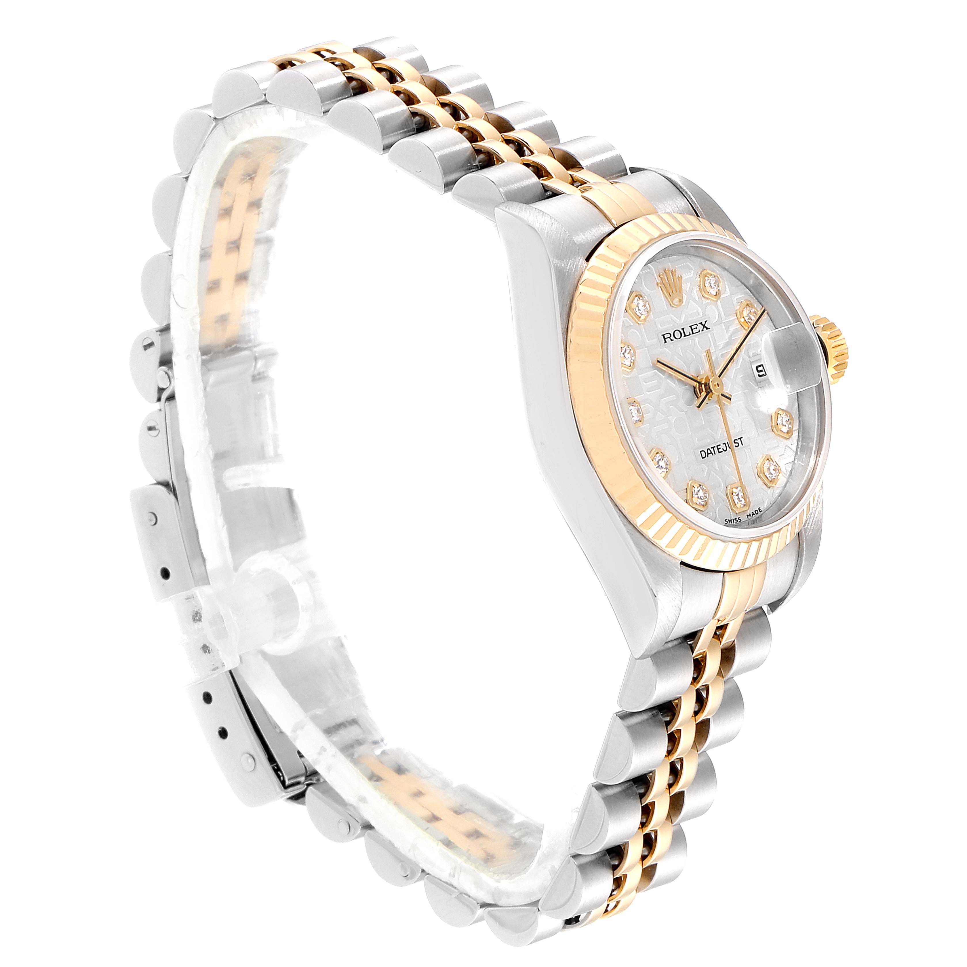 The image shows a side view of a Rolex Datejust 79173 Women's Stainless Steel Silver Dial 79173 Women's Stainless Steel Silver Dial watch, highlighting the face, bezel, and bi-metal Jubilee bracelet.