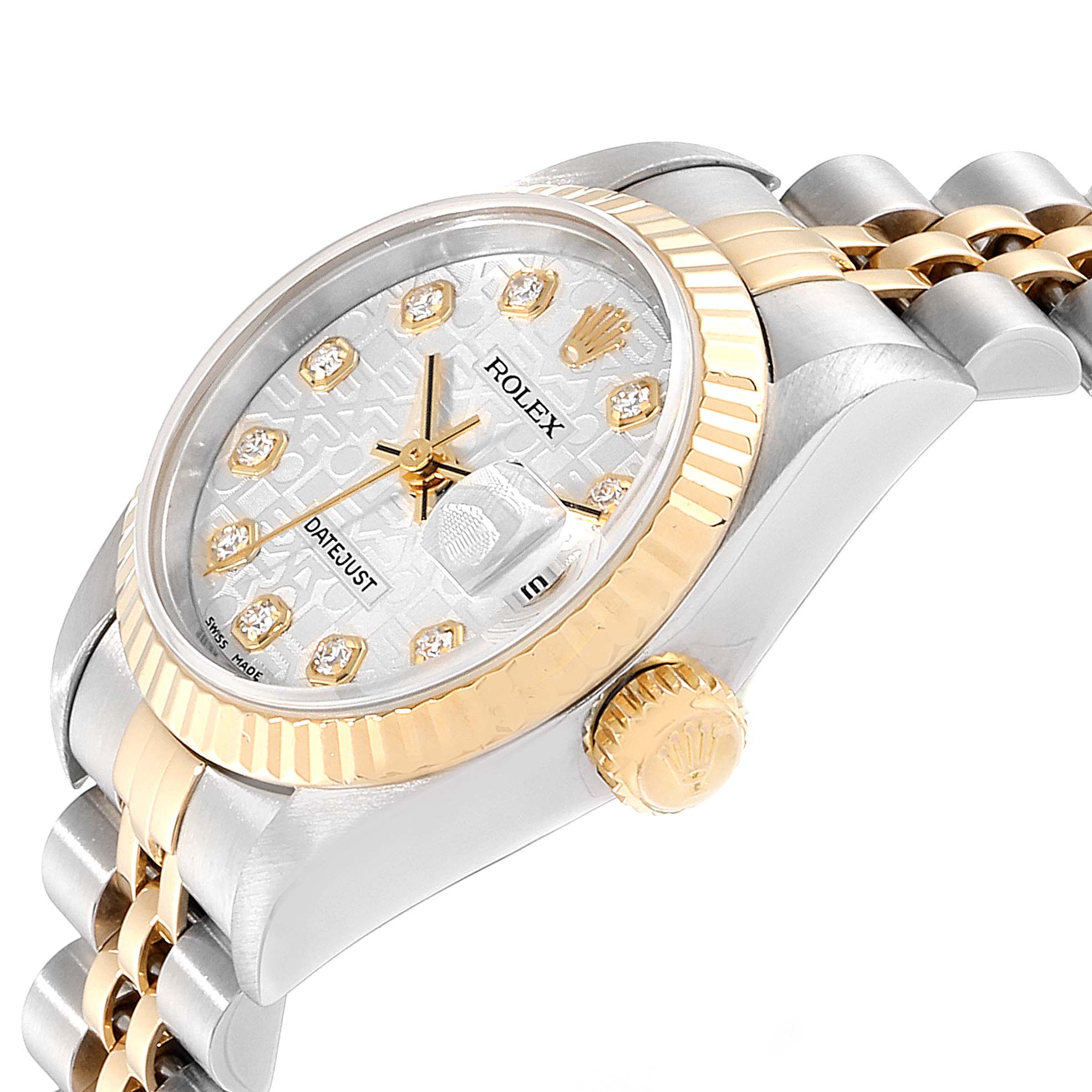 This image shows a close-up angled view of the Rolex Datejust 79173 Women's Stainless Steel Silver Dial 79173 Women's Stainless Steel Silver Dial watch, highlighting the dial, bezel, crown, and part of the bracelet.