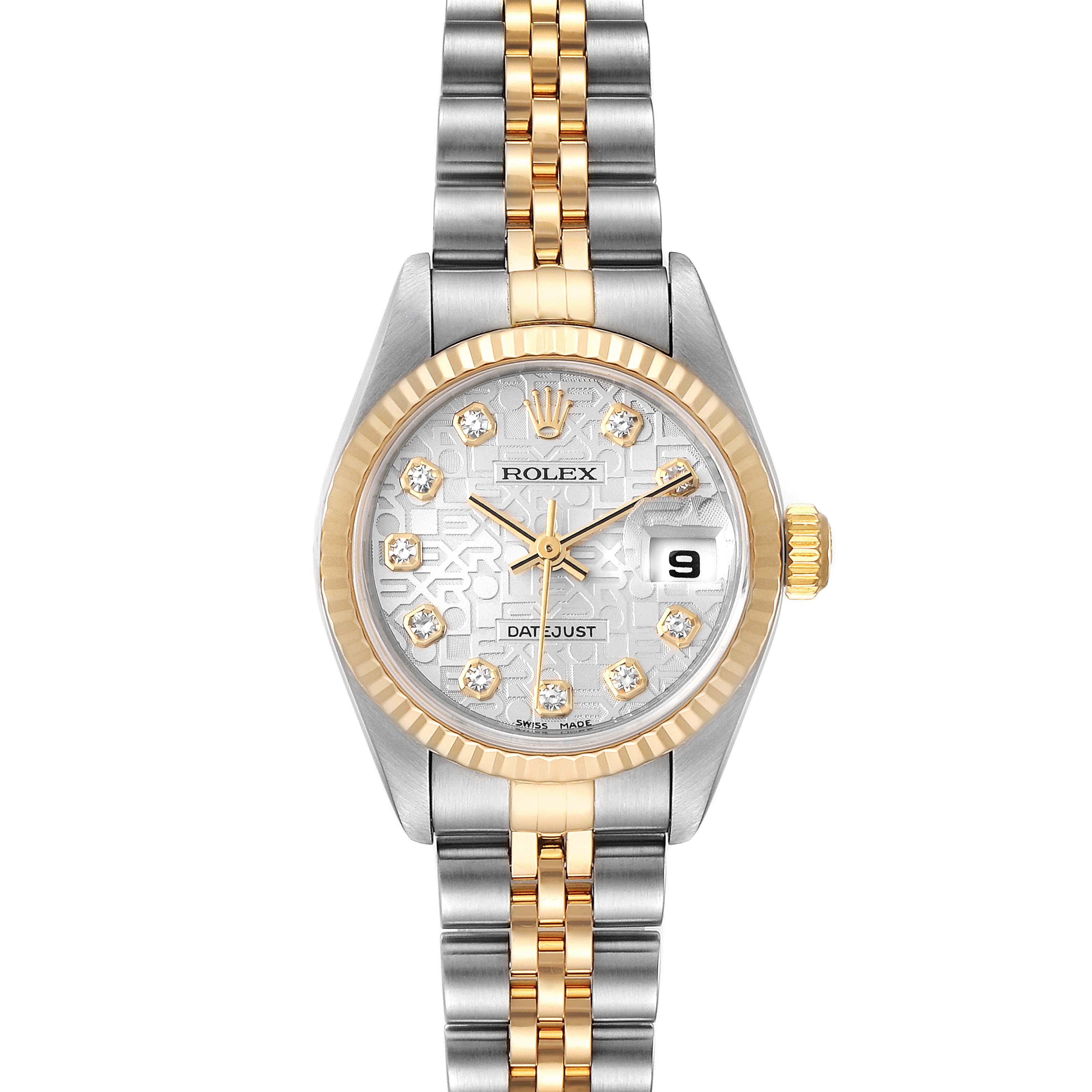 The Rolex Datejust 79173 Women's Stainless Steel Silver Dial 79173 Women's Stainless Steel Silver Dial watch is shown from a top-down angle, highlighting its face, bezel, and two-tone bracelet.