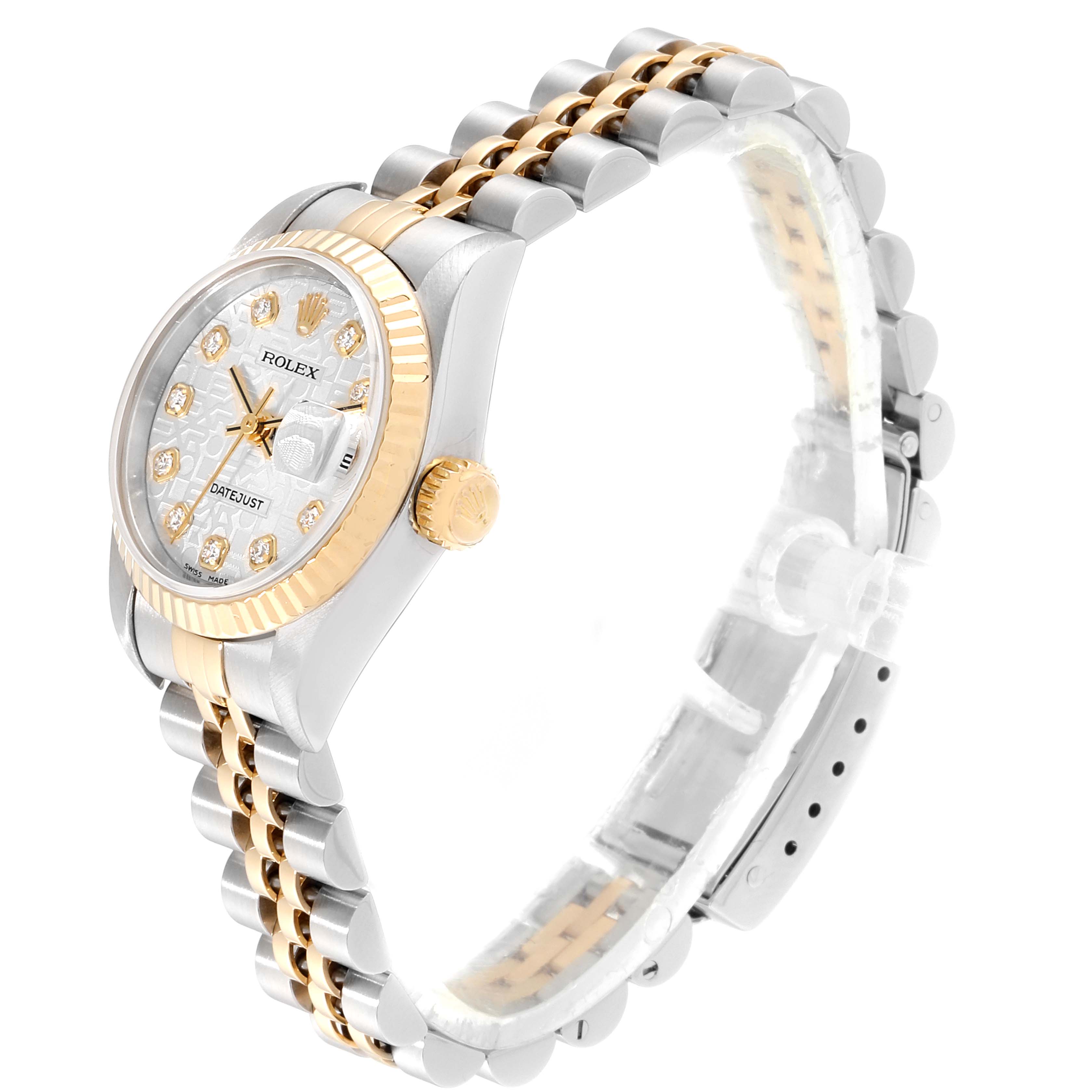 This Rolex Datejust 79173 Women's Stainless Steel Silver Dial 79173 Women's Stainless Steel Silver Dial watch is shown at a three-quarter angle, highlighting its dial, bezel, crown, and two-tone bracelet.